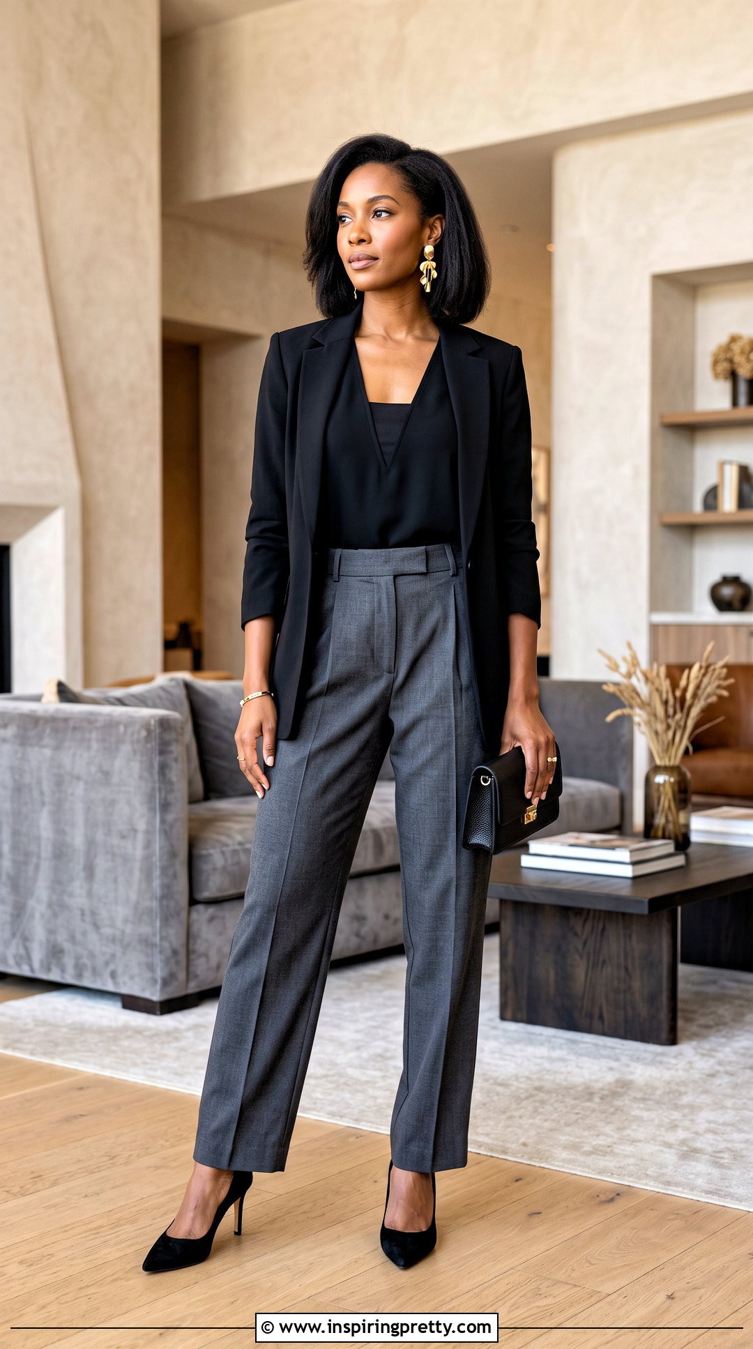 Black Plunge Neck Top With Pleated Trousers - 50 black going out tops outfit ideas