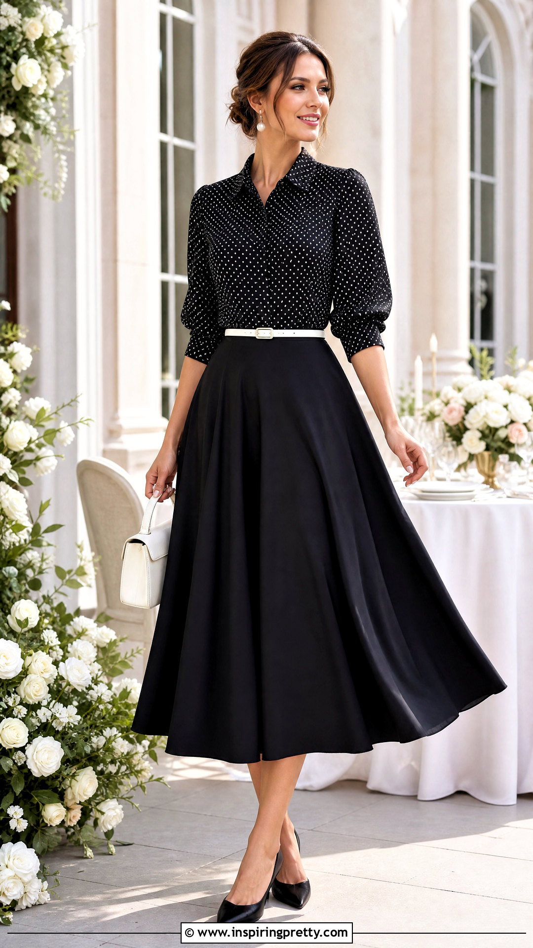 Black Polka Dot Top And Black Circle Skirt Set - 20 Black And White Skirt And Top Set outfit ideas