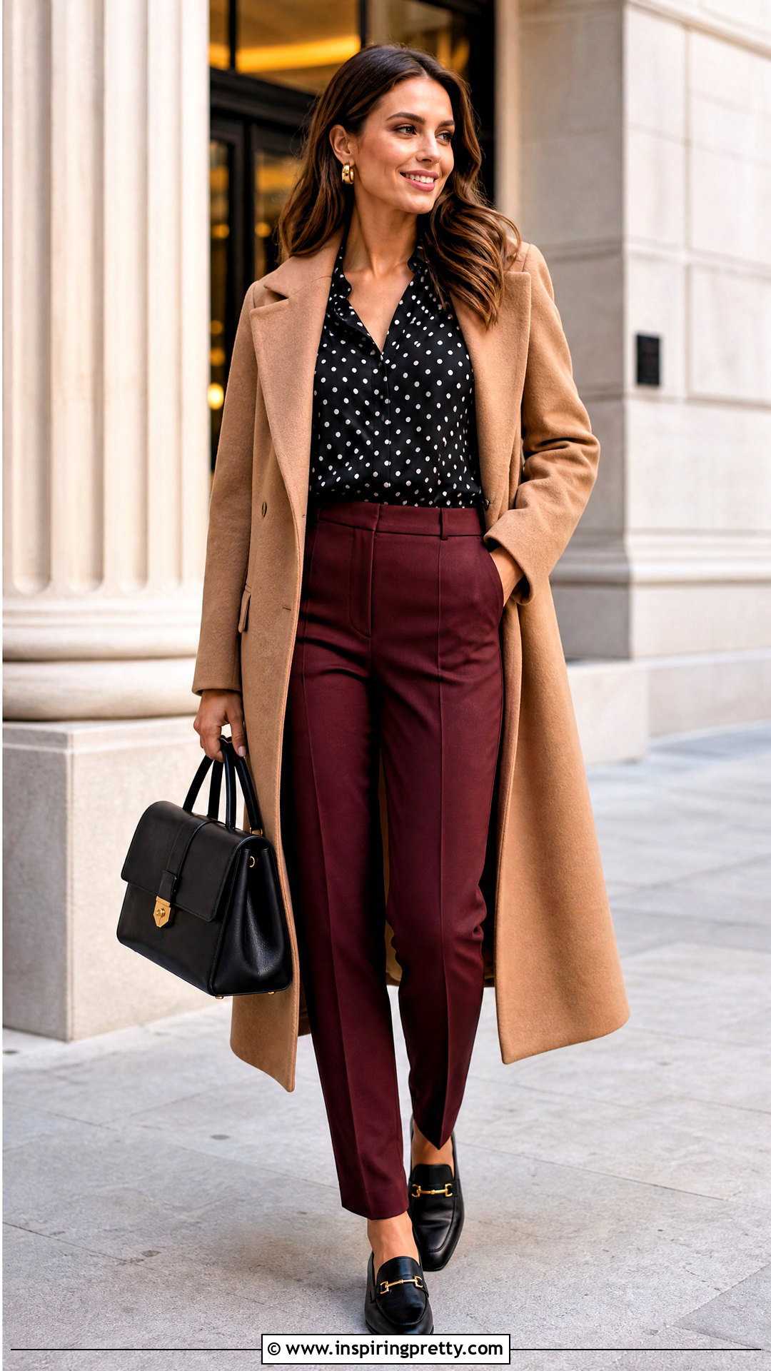 Black Polka Dot Top With Burgundy Trousers - 50 black polka dot top outfit ideas