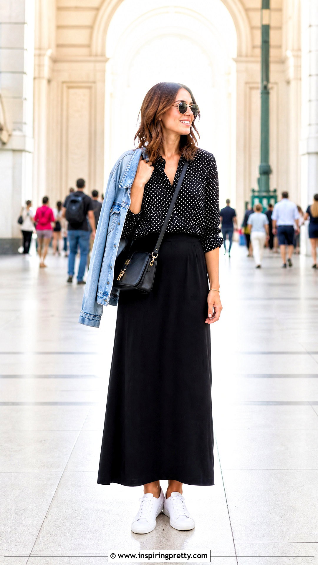 Black Polka Dot Top With Maxi Skirt And Sneakers - 50 black polka dot top outfit ideas