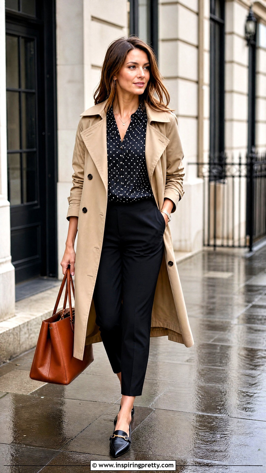 Black Polka Dot Top With Trench Coat And Pants - 50 black polka dot top outfit ideas