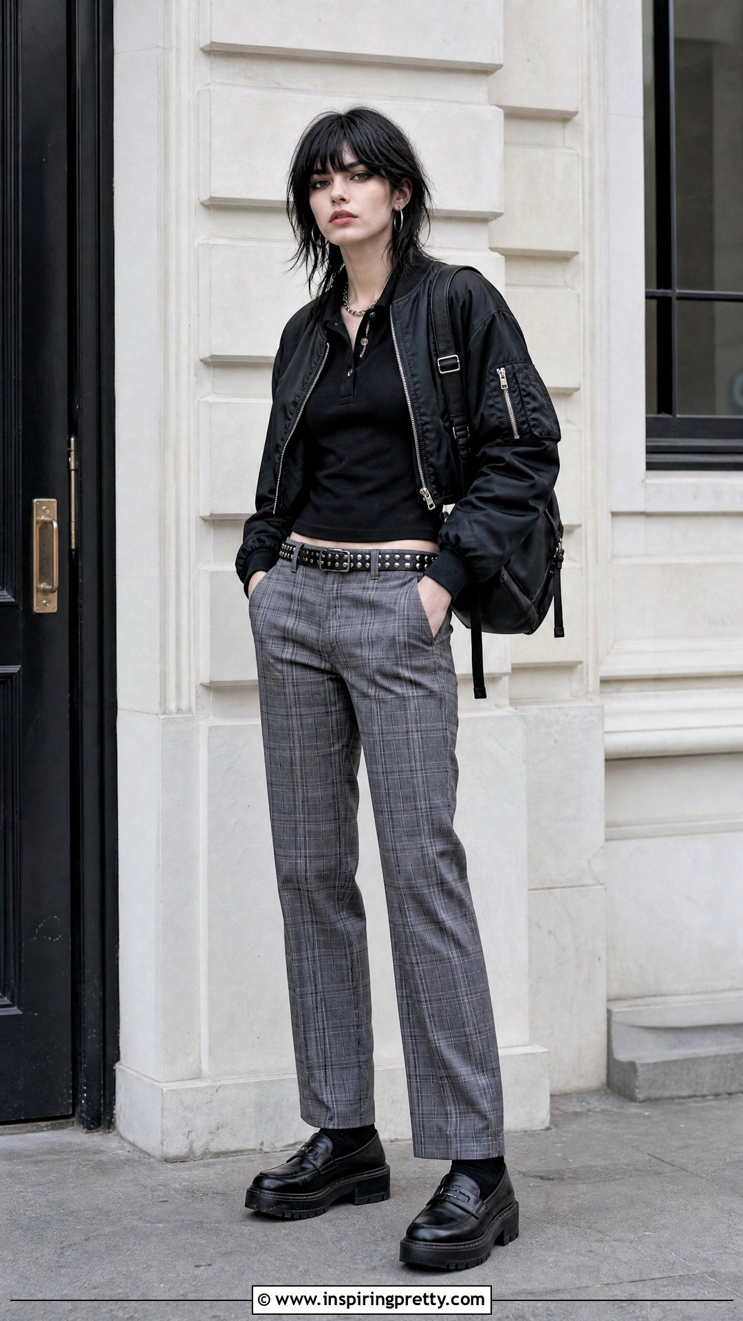 Black Polo Top And Plaid Trousers Emo Outfit - 50 emo top outfit ideas