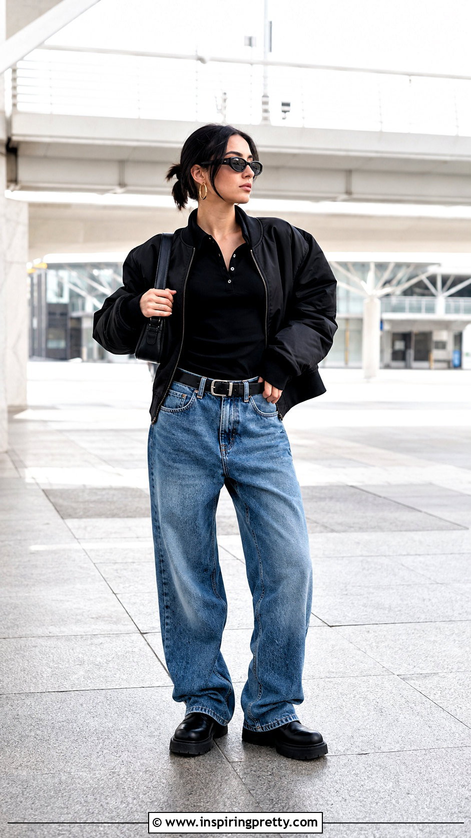 Black Polo Top Blue Loose Jeans Black Chunky Boots - 25 black top blue jeans black boots
