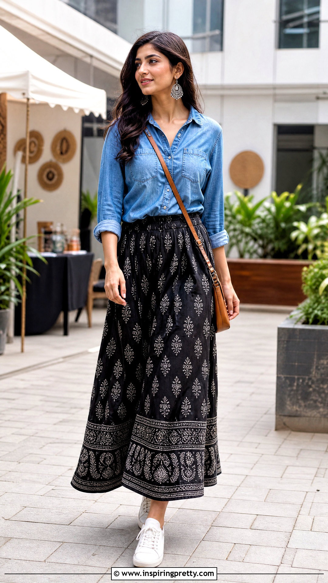 Black Printed Skirt And Denim Shirt Outfit - 50 traditional skirt and top outfit ideas