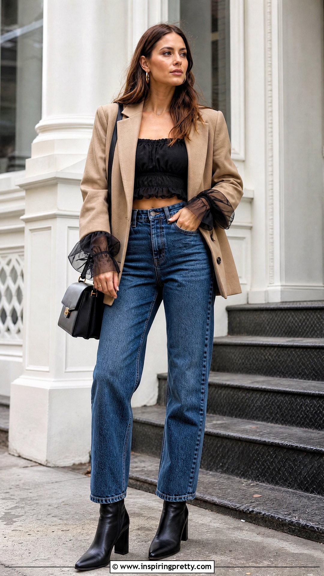 Black Puff Sheer Crop Top With Blazer And Jeans - 20 black puff sheer crop top outfit ideas