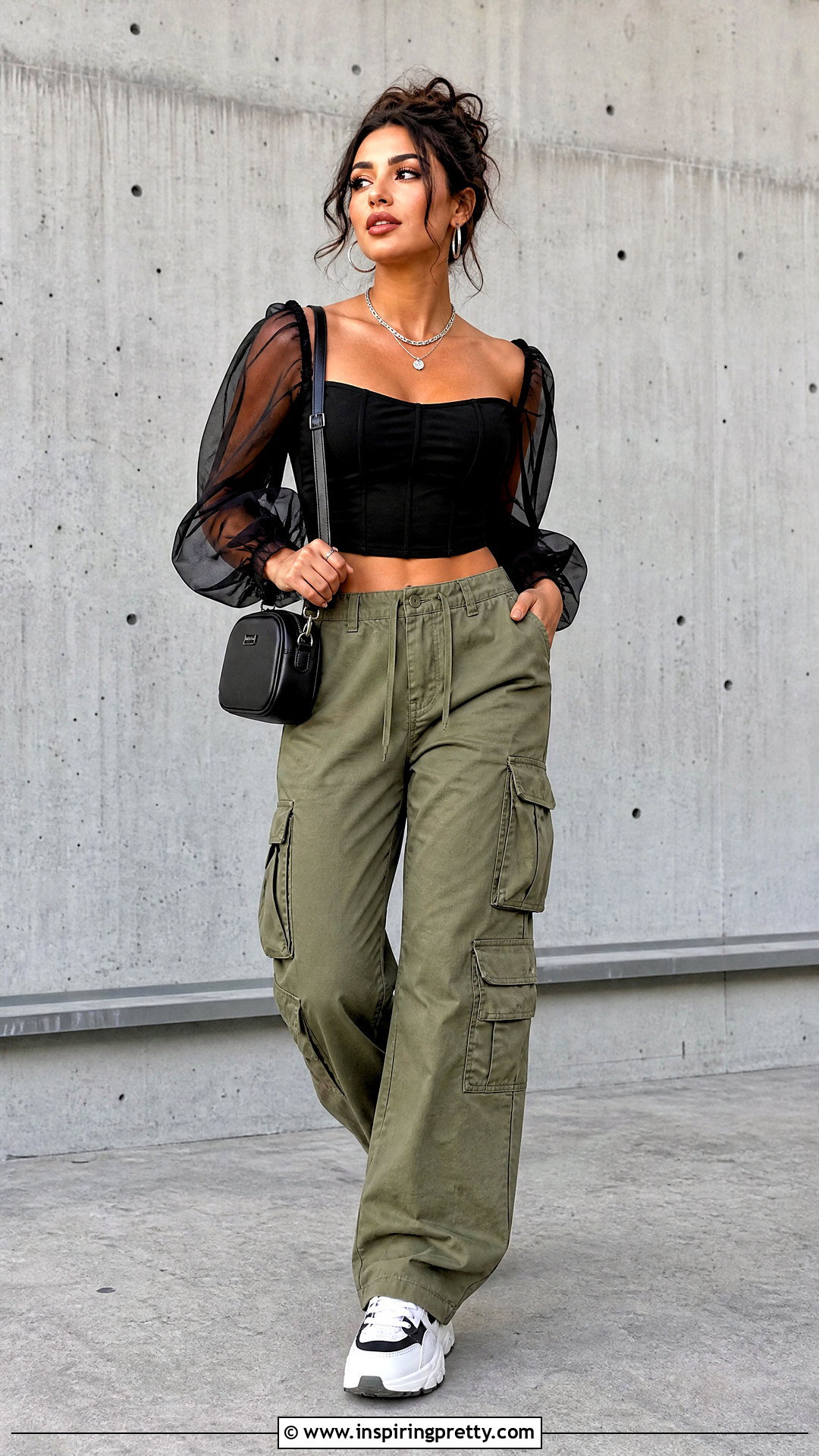 Black Puff Sheer Crop Top With Cargo Pants - 20 black puff sheer crop top outfit ideas