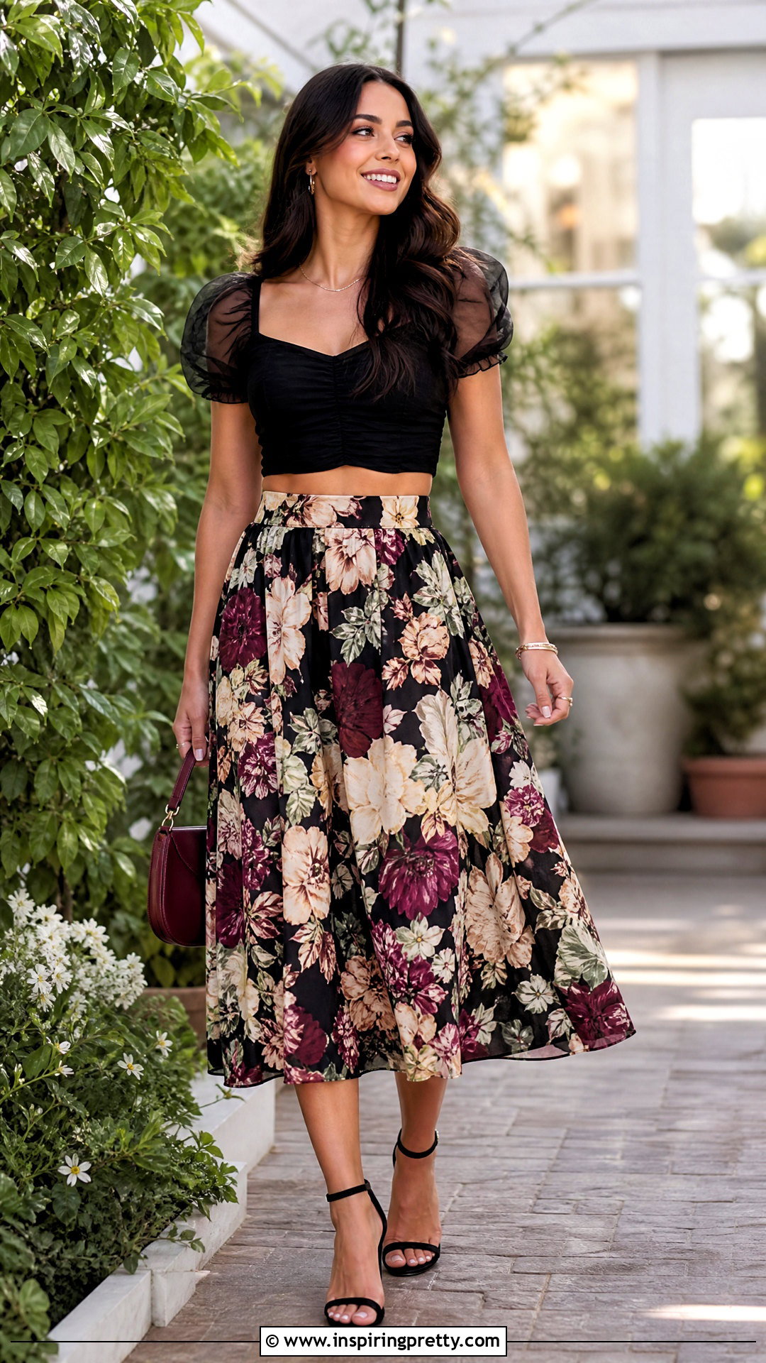 Black Puff Sheer Crop Top With Floral Midi Skirt - 20 black puff sheer crop top outfit ideas