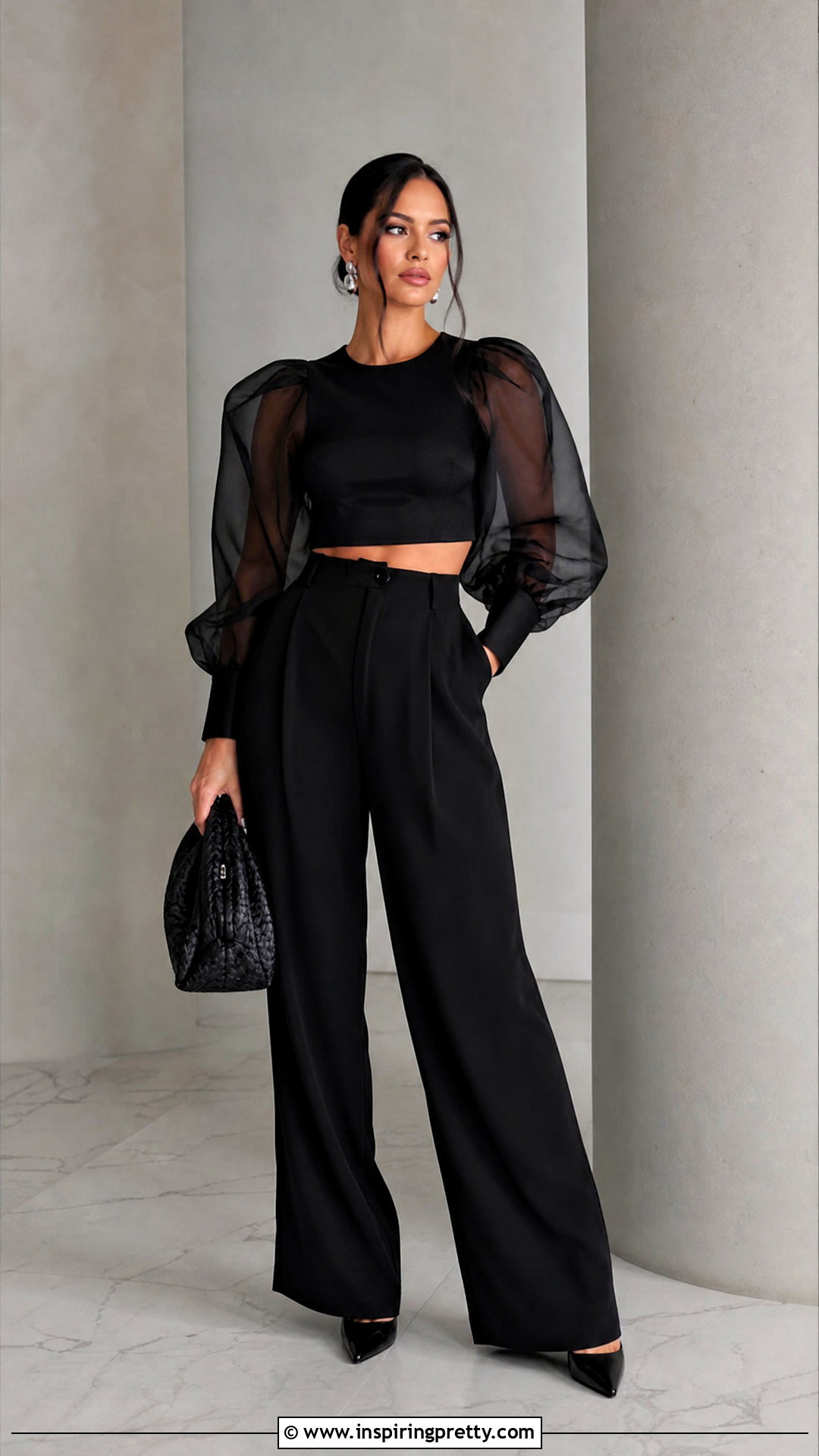 Black Puff Sheer Crop Top With Matching Black Pants - 20 black puff sheer crop top outfit ideas