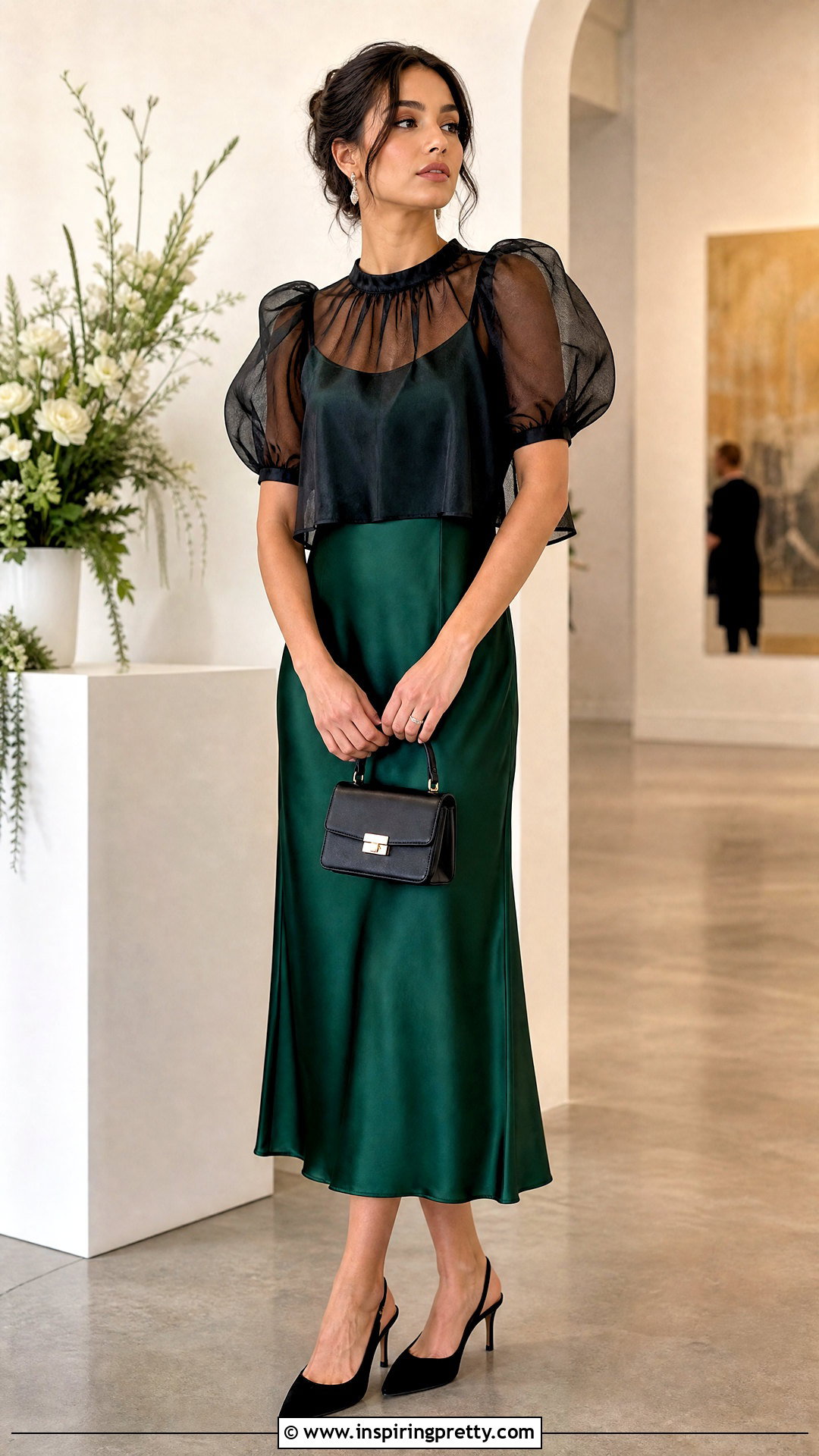 Black Puff Sheer Crop Top With Slip Dress - 20 black puff sheer crop top outfit ideas