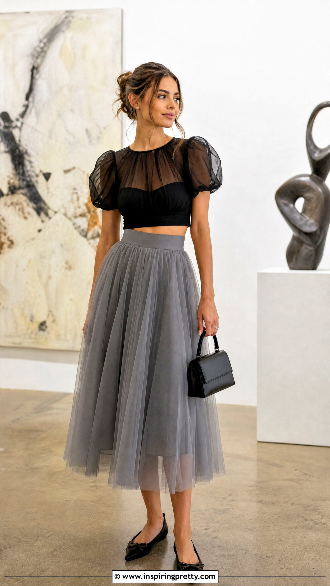 Black Puff Sheer Crop Top With Tulle Midi Skirt - 20 black puff sheer crop top outfit ideas