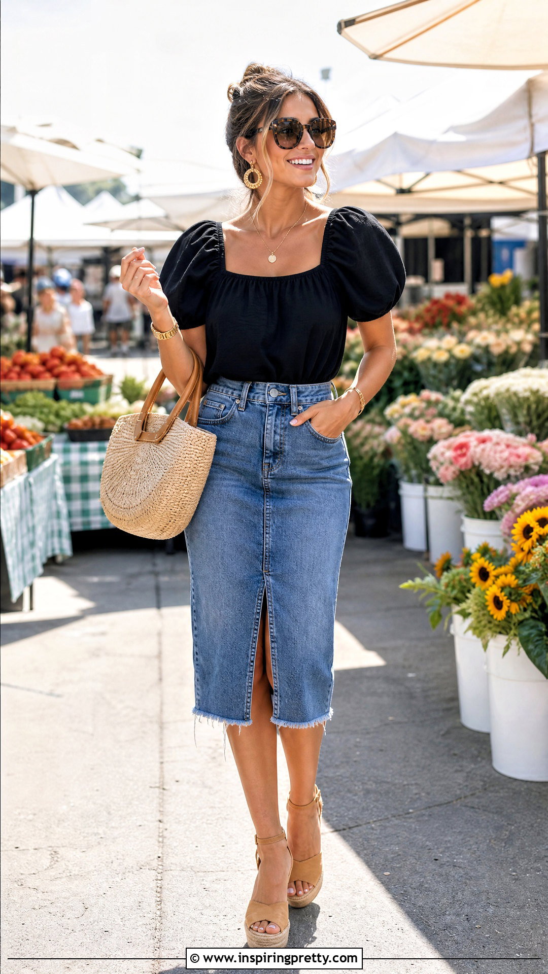 Black Puff Sleeve Blouse With Raw Hem Denim Skirt And Espadrilles - 20 Black Top With Denim Skirt And Accessories