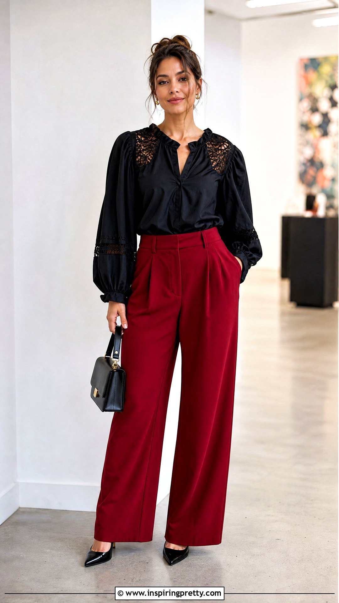 Black Puff Sleeve Peasant Top With Red Trousers - 25 Puff Sleeve Peasant Top outfit ideas