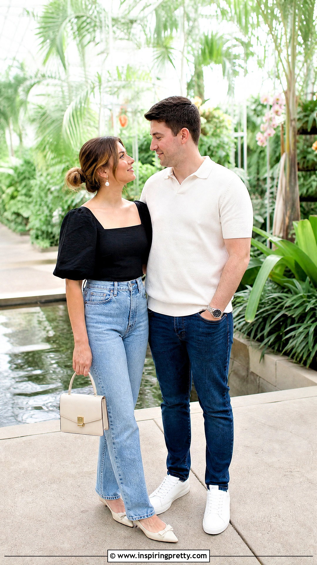 Black Puff Sleeve Top And Medium Wash Jeans Engagement Outfit - 25 black top and jeans engagement photos
