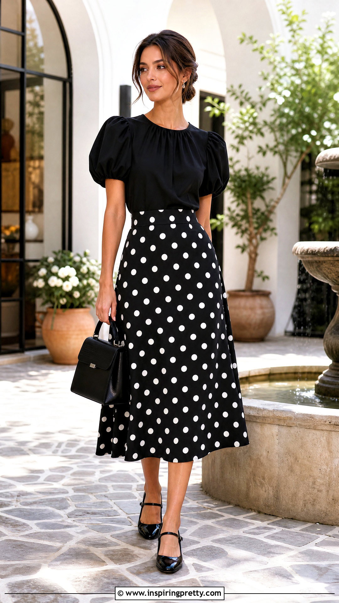 Black Puff Sleeve Top And Polka Dot Skirt Outfit - 50 black top and skirt outfits