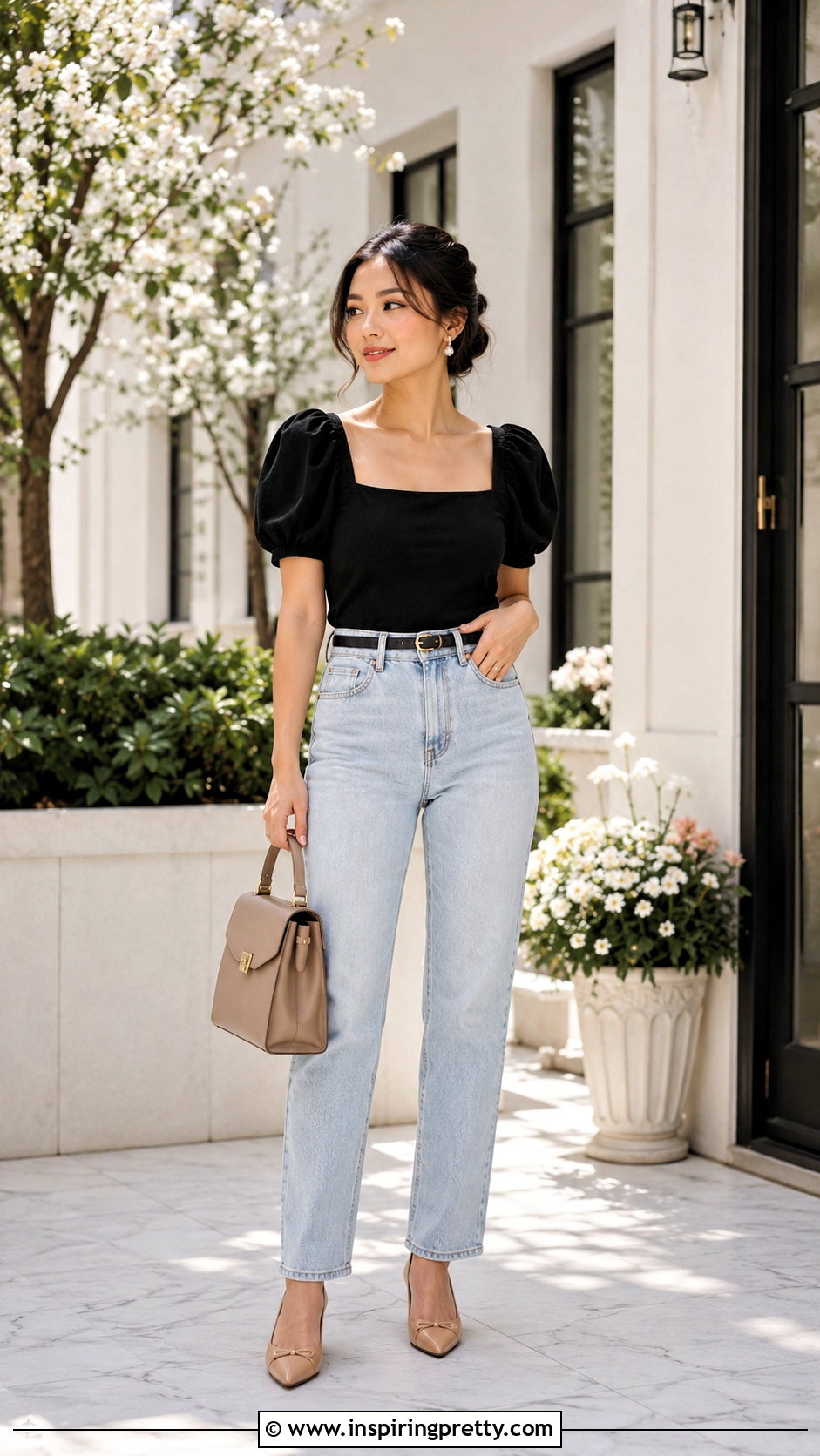 Black Puff Sleeve Top With Light Wash Jeans And Flats - 20 Casual Black Top With Jeans