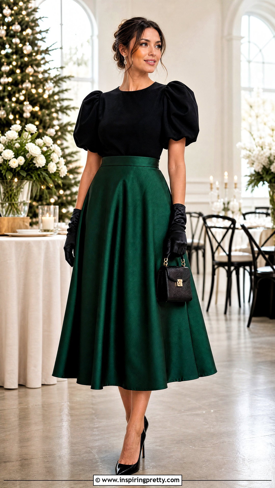Black Puff Sleeve Top With Short Gloves And A Line Skirt - 25 Black Top With Gloves