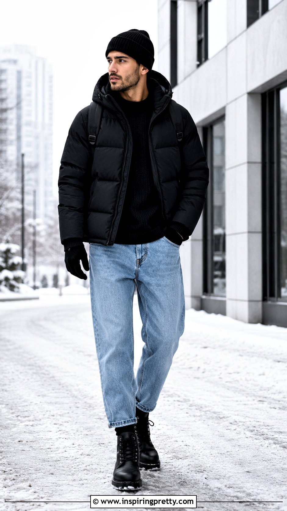 Black Puffer Jacket Outfit With Light Blue Jeans And Boots - 20 Light Blue Jeans Black Top Men