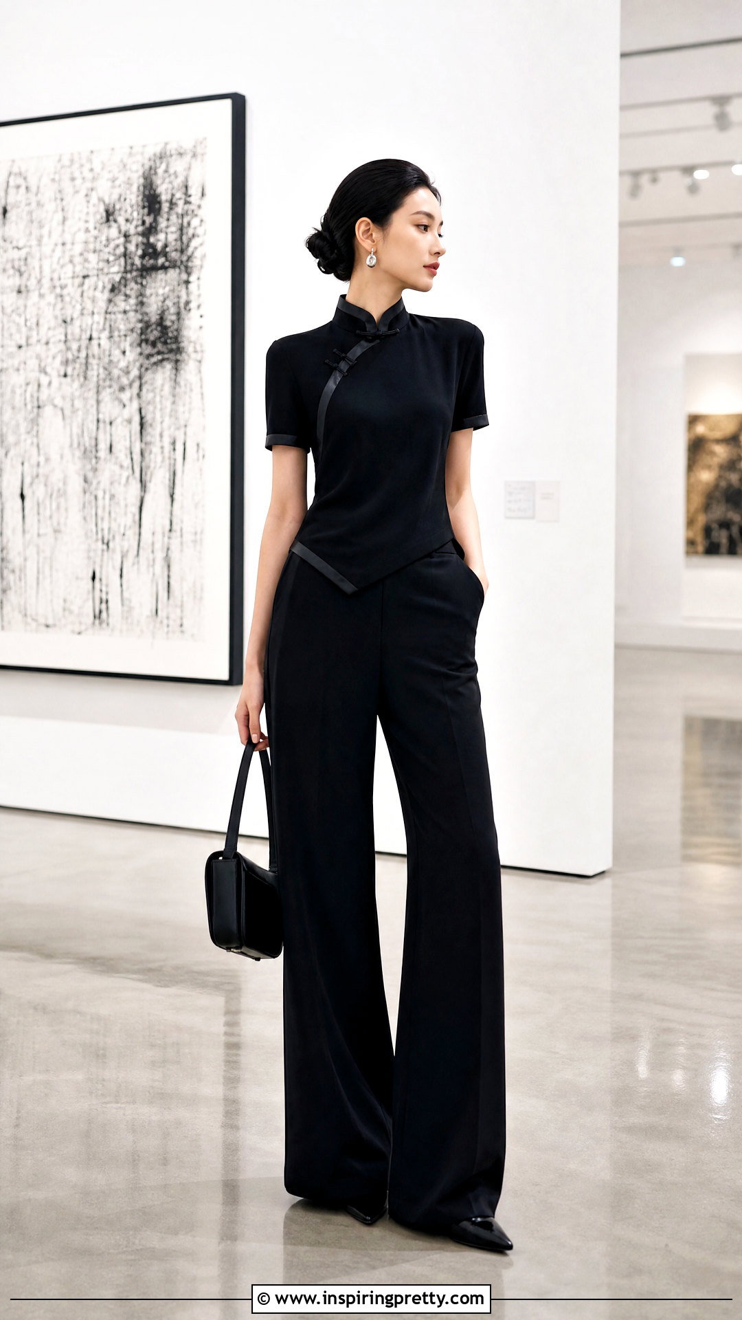 Black Qipao Collar Top Monochrome Outfit - 20 Qipao Collar Top outfit ideas