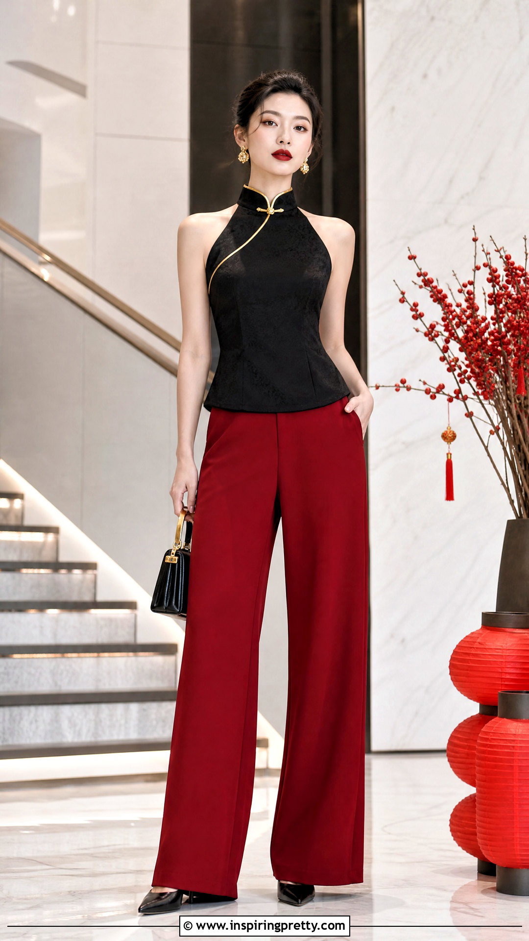 Black Qipao Halter Top With Red Trousers - 25 qipao halter top outfit ideas