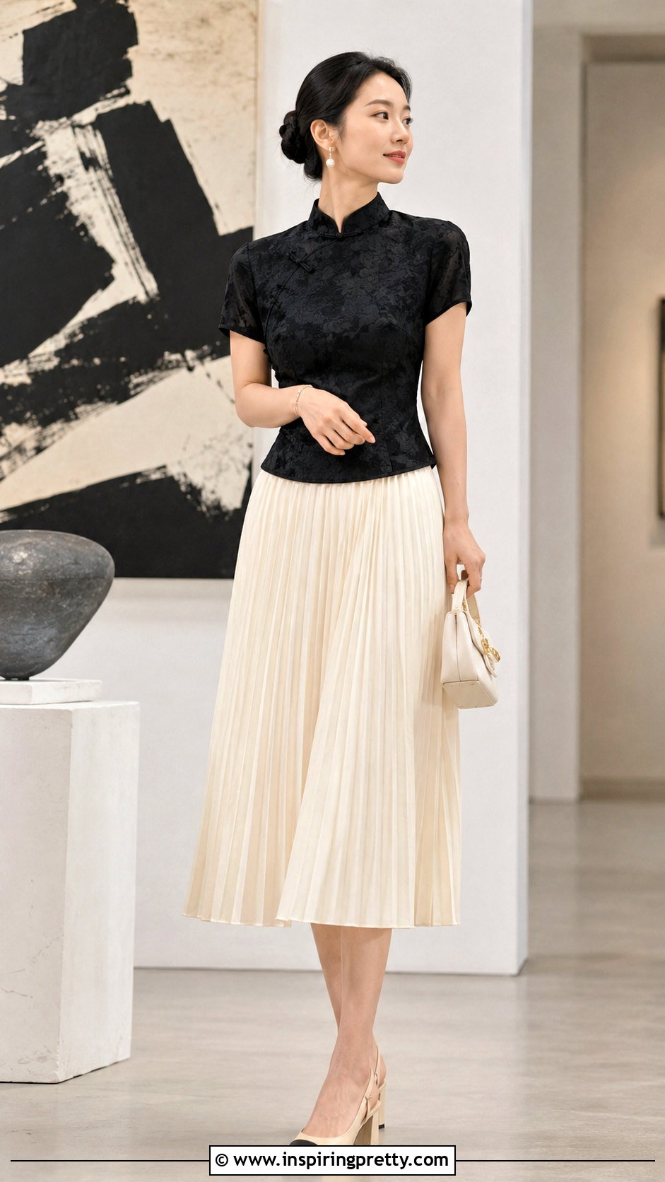 Black Qipao Top With Ivory Skirt - 50 qipao top outfit ideas