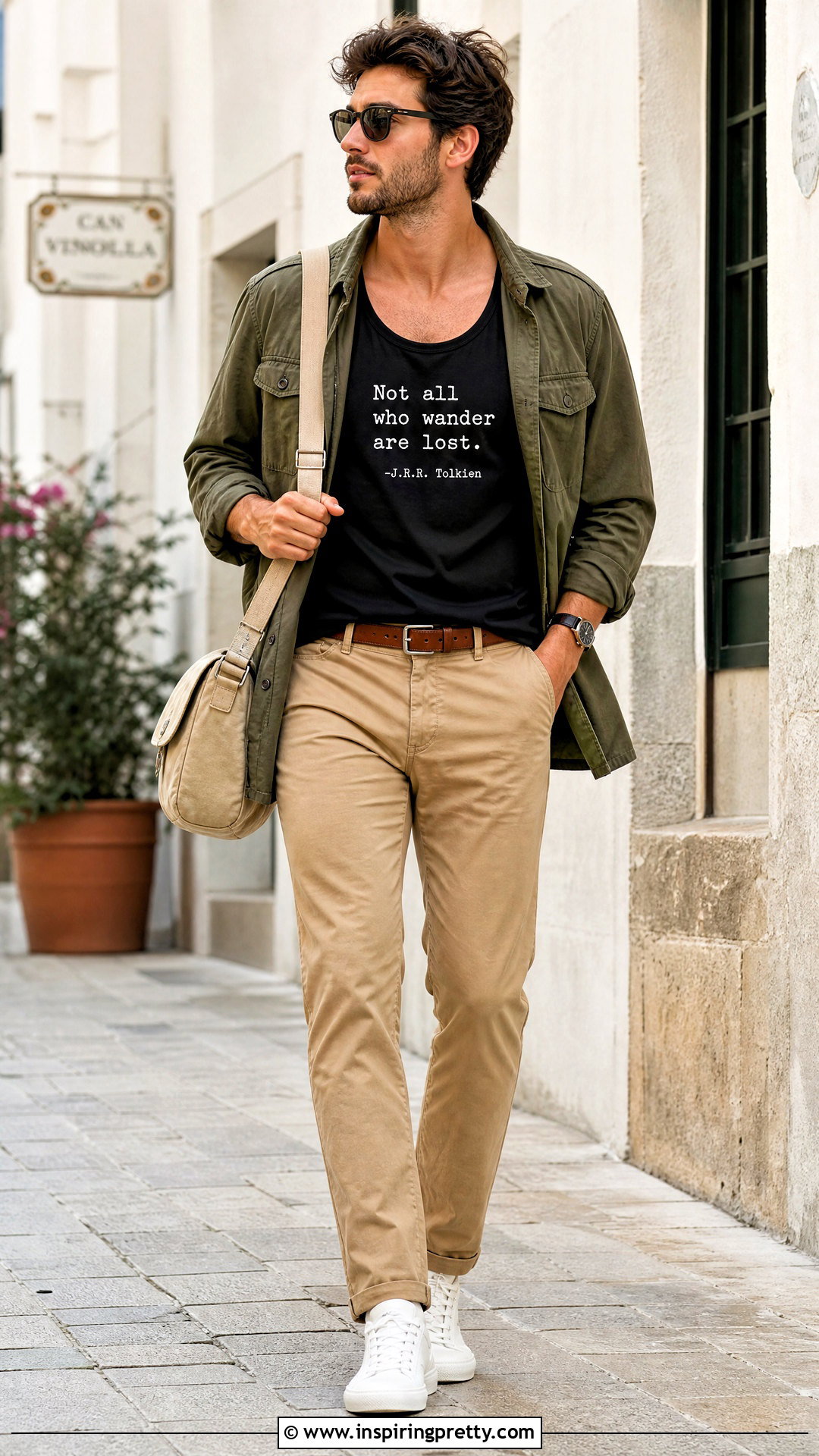 Black Quote Tank Top With Utility Jacket And Chinos - 20 black tank top with quote outfit ideas