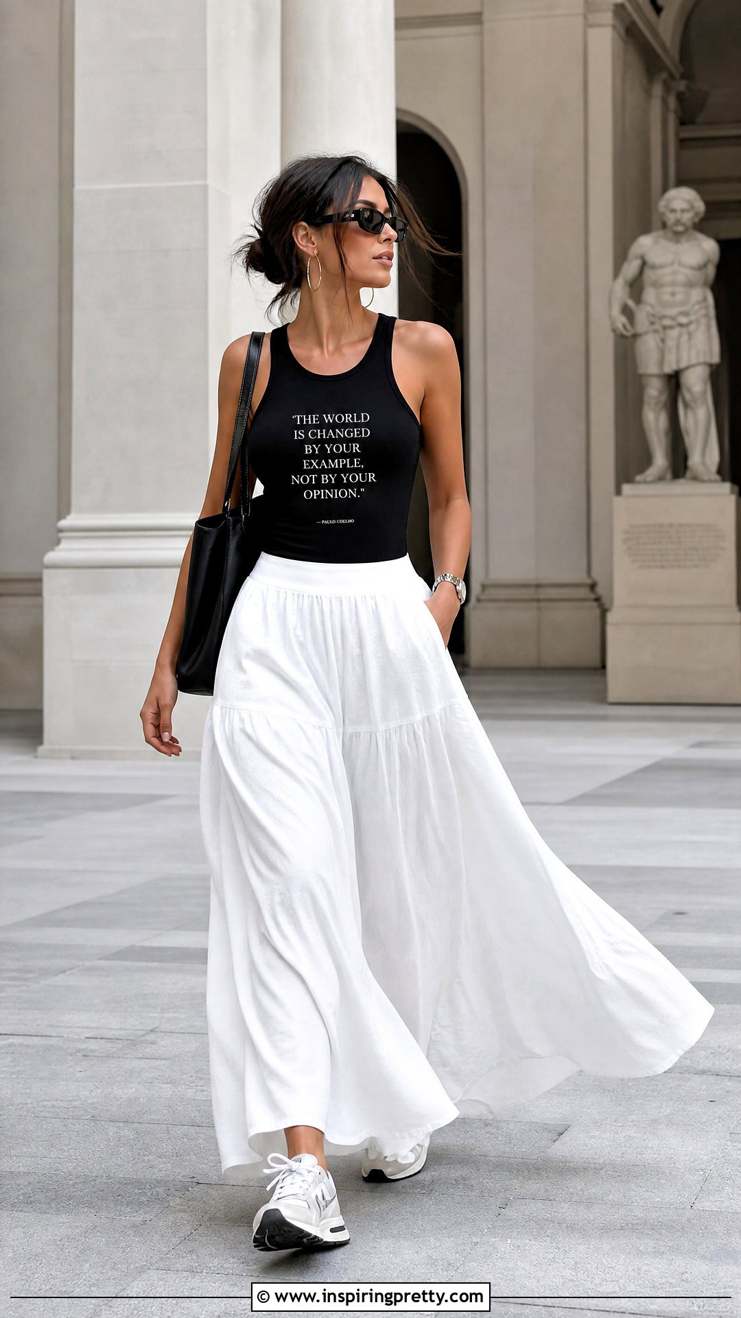 Black Quote Tank Top With White Maxi Skirt - 20 black tank top with quote outfit ideas
