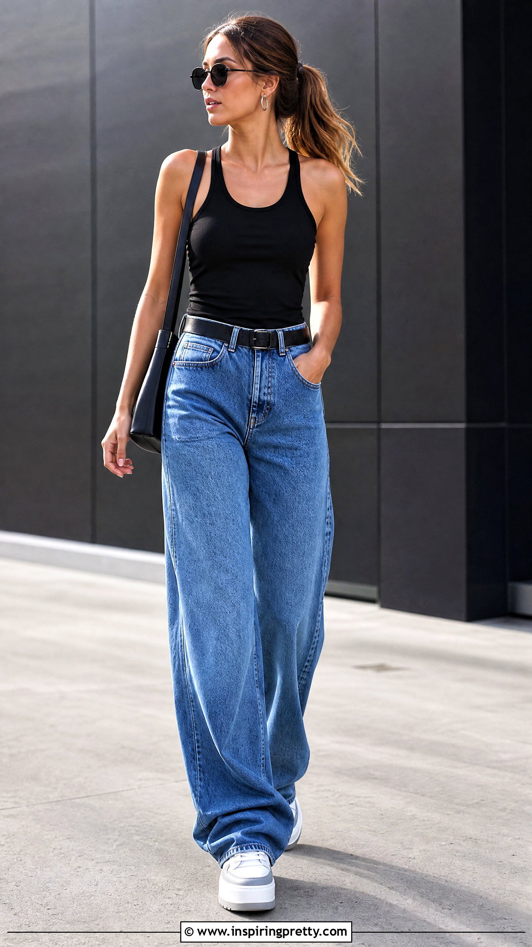 Black Racerback Tank Top With Wide Leg Jeans - 25 racerback tank top outfit ideas