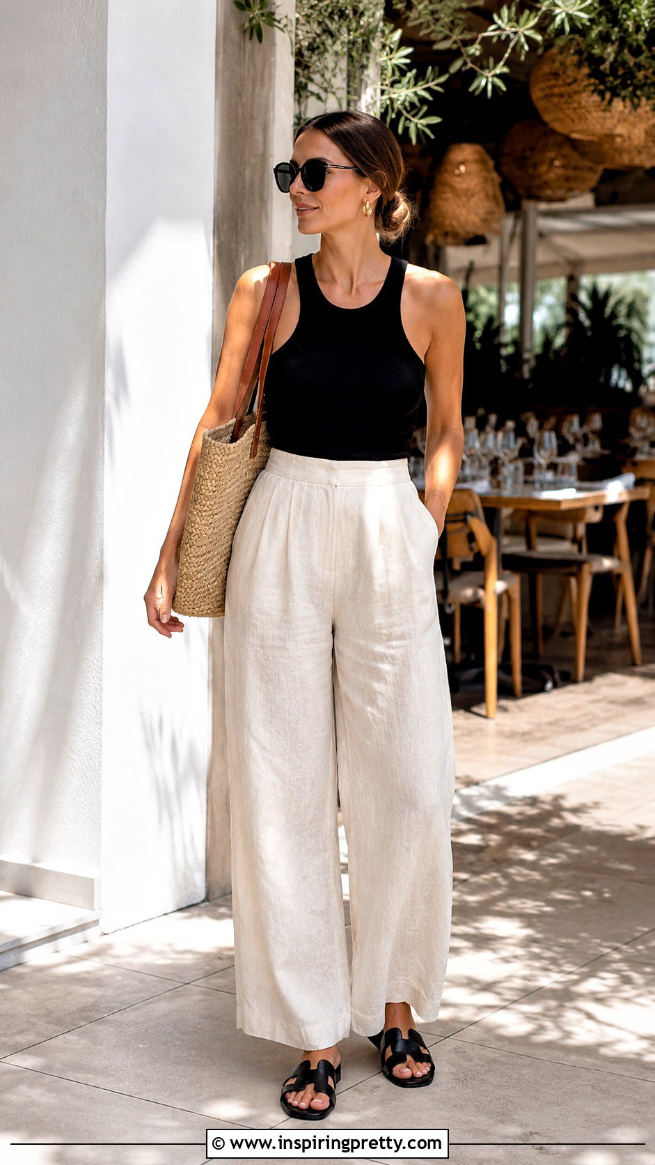 Black Racerback Top With Linen Pants - 20 racerback summer top outfit ideas