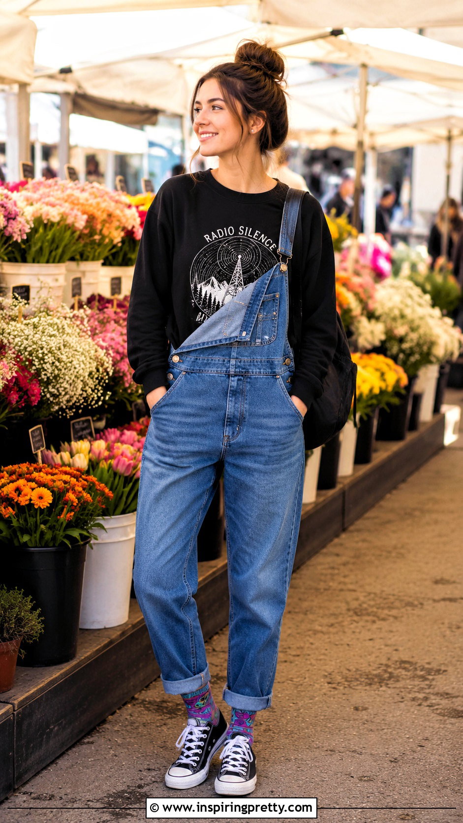 Black Radio Silence Top With Denim Overalls And Canvas Sneakers - 20 Black Radio Silence Top Outfit ideas