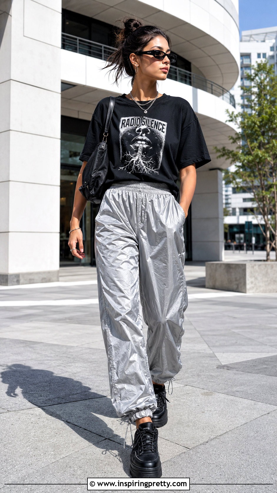 Black Radio Silence Top With Parachute Pants And Platform Sneakers - 20 Black Radio Silence Top Outfit ideas