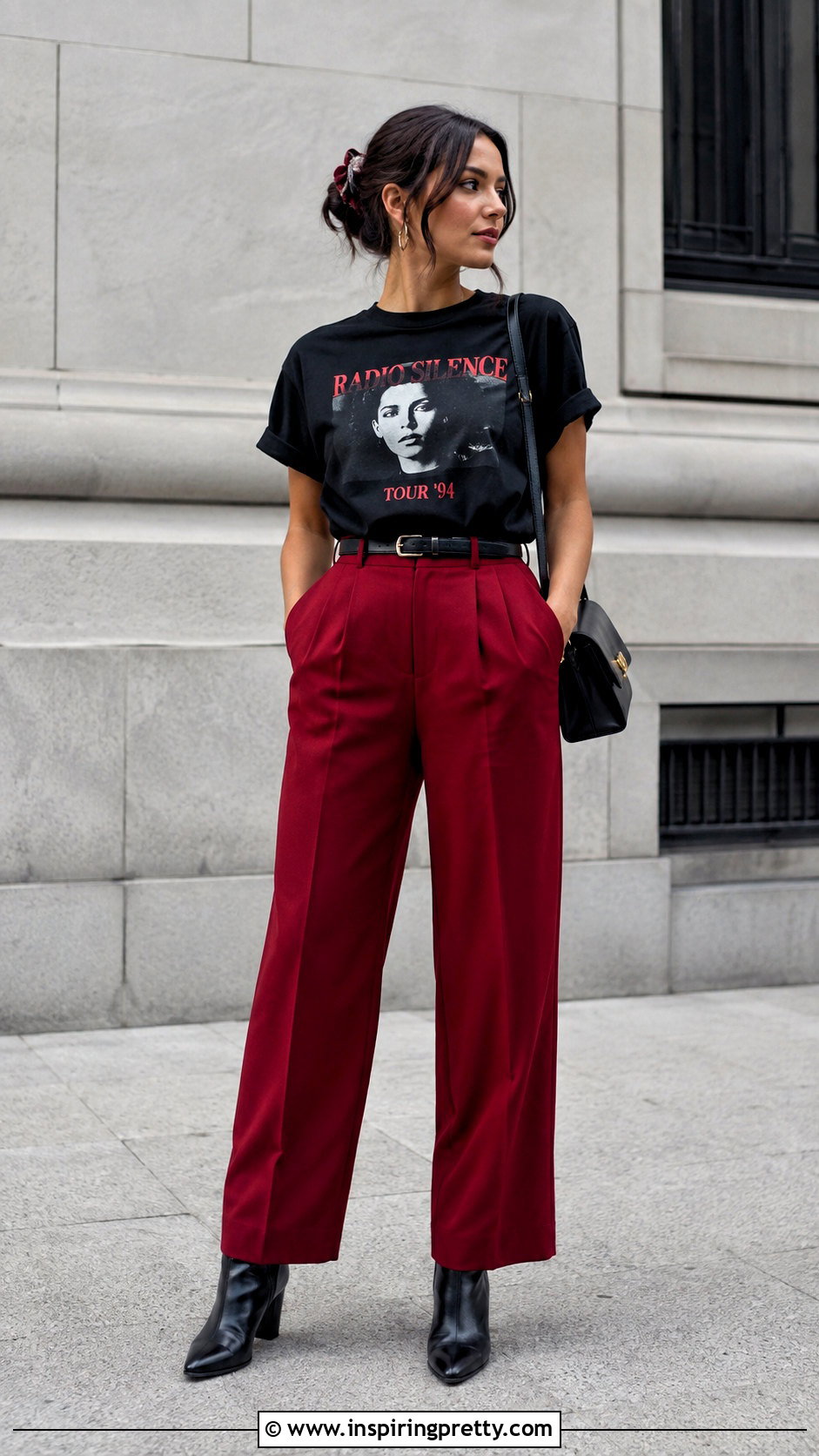 Black Radio Silence Top With Red Pants And Black Boots - 20 Black Radio Silence Top Outfit ideas