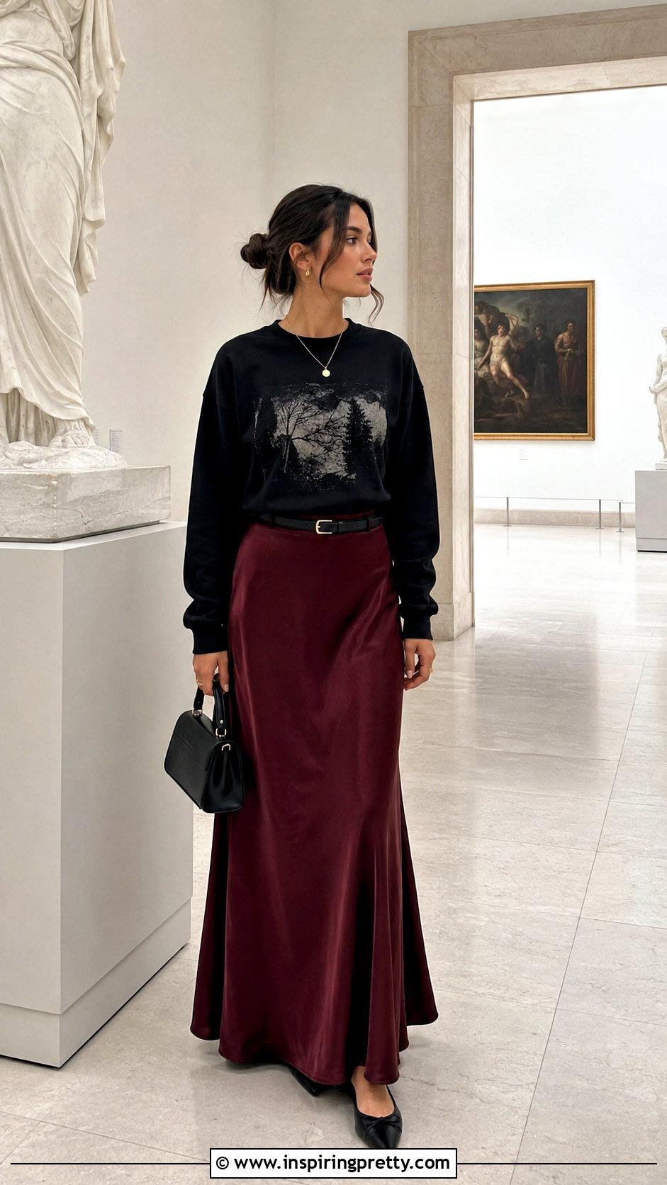 Black Radio Silence Top With Satin Maxi Skirt And Ballet Flats - 20 Black Radio Silence Top Outfit ideas
