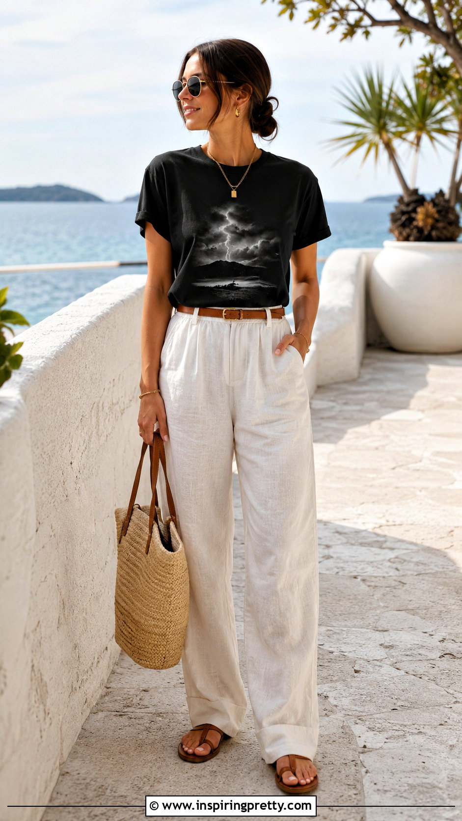Black Radio Silence Top With White Linen Pants And Sandals - 20 Black Radio Silence Top Outfit ideas