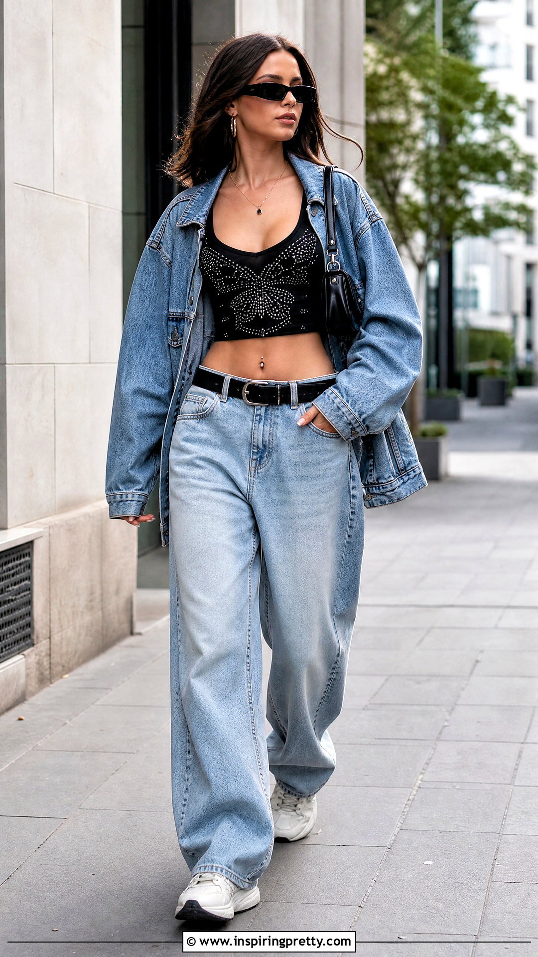 Black Rhinestone Crop Top With Baggy Jeans - 25 black rhinestone crop top outfit ideas