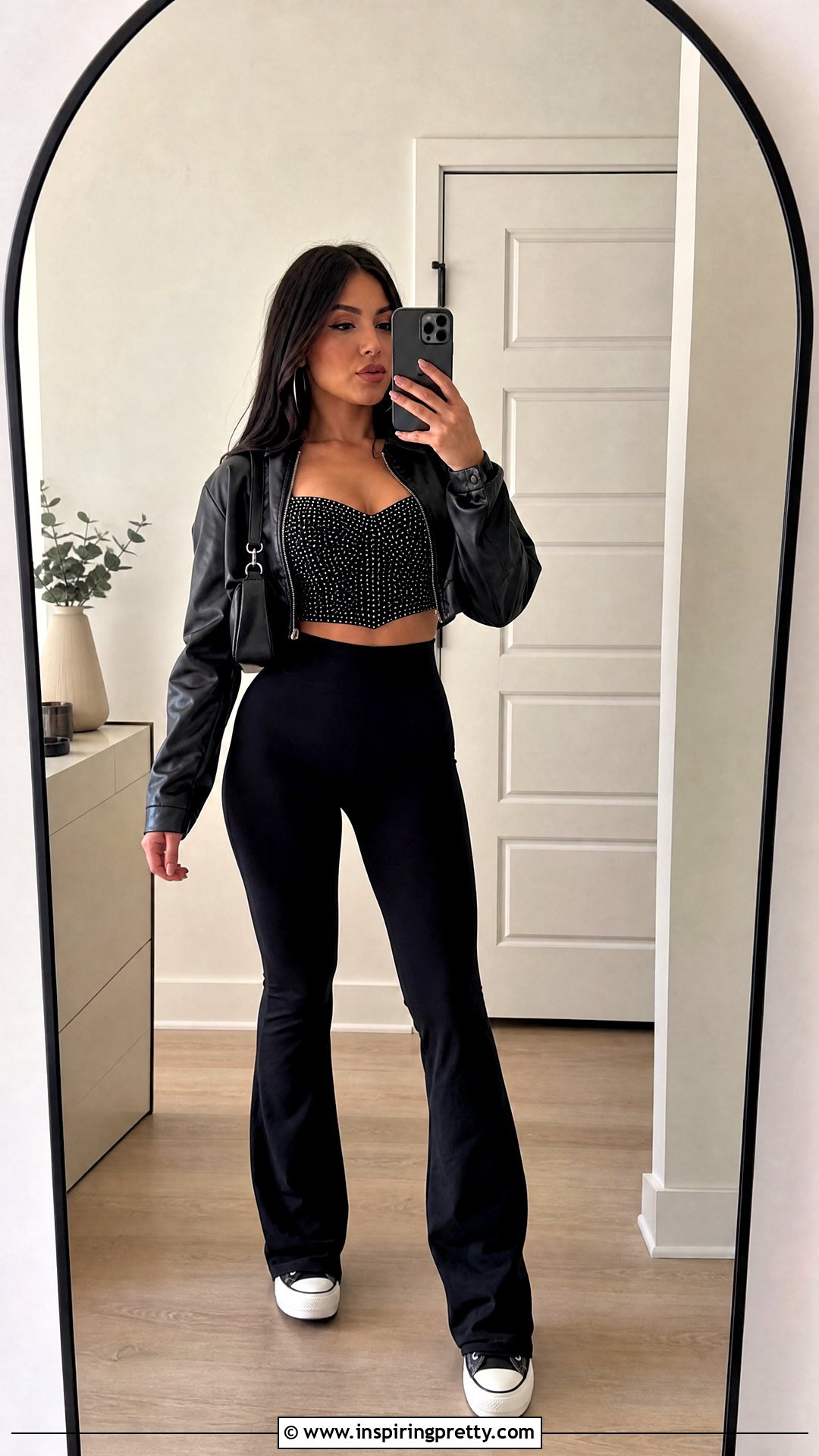 Black Rhinestone Crop Top With Flared Leggings - 25 black rhinestone crop top outfit ideas