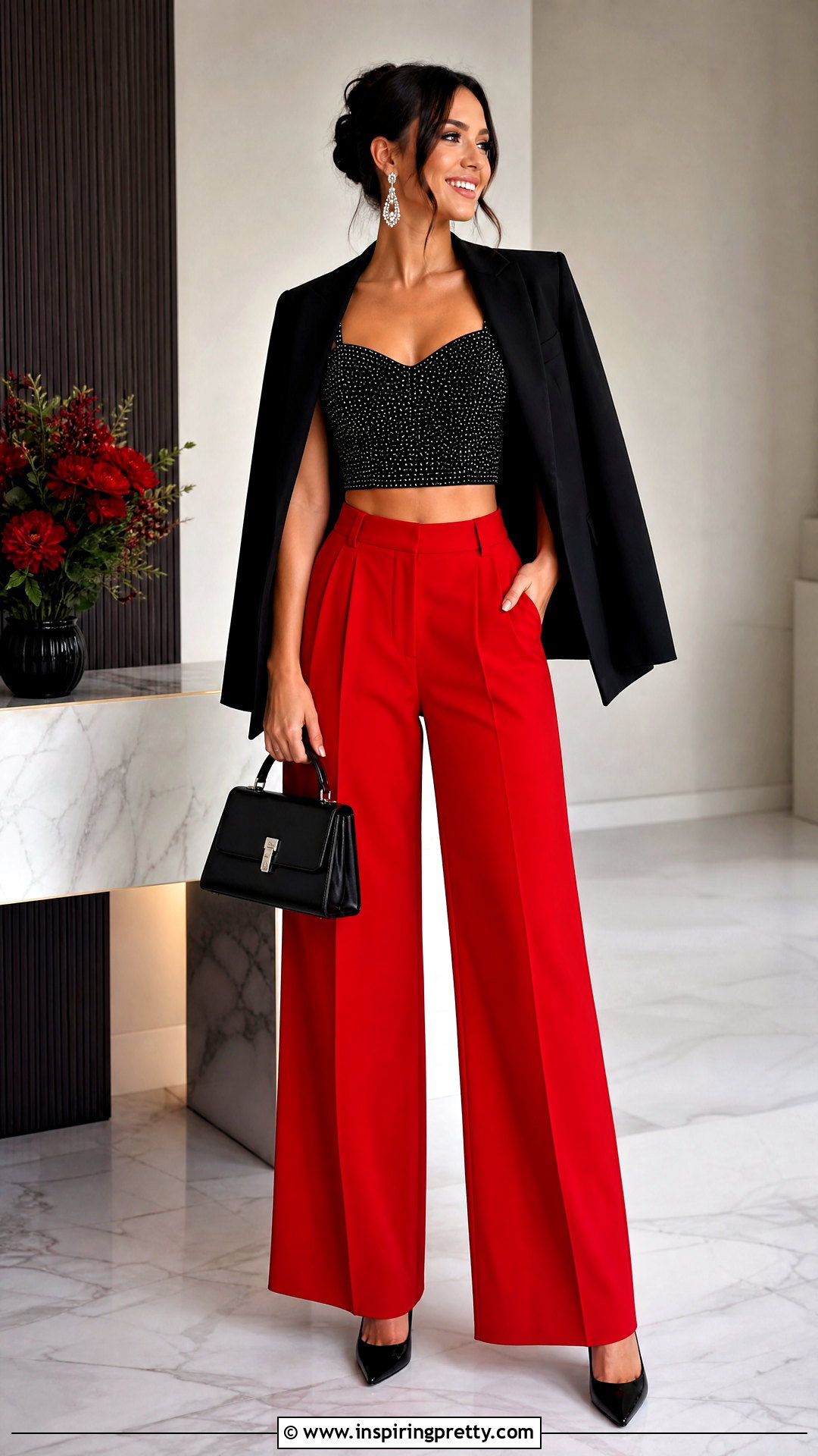 Black Rhinestone Crop Top With Red Trousers - 25 black rhinestone crop top outfit ideas