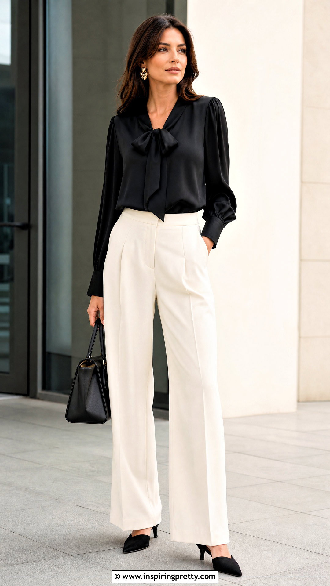 Black Ribbon Top With Wide Leg Trousers - 50 ribbon top outfit ideas