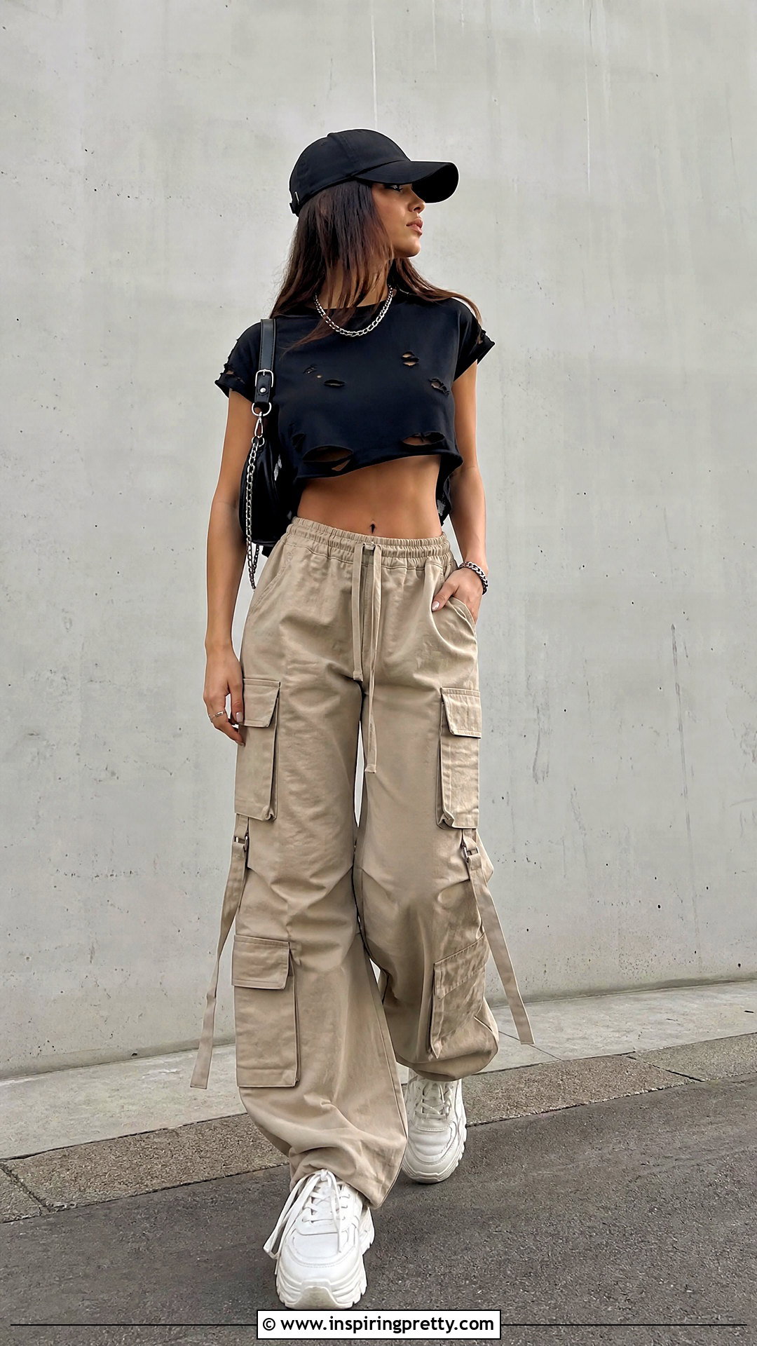 Black Ripped Crop Top With Baggy Cargo Pants - 25 black ripped crop top outfit ideas