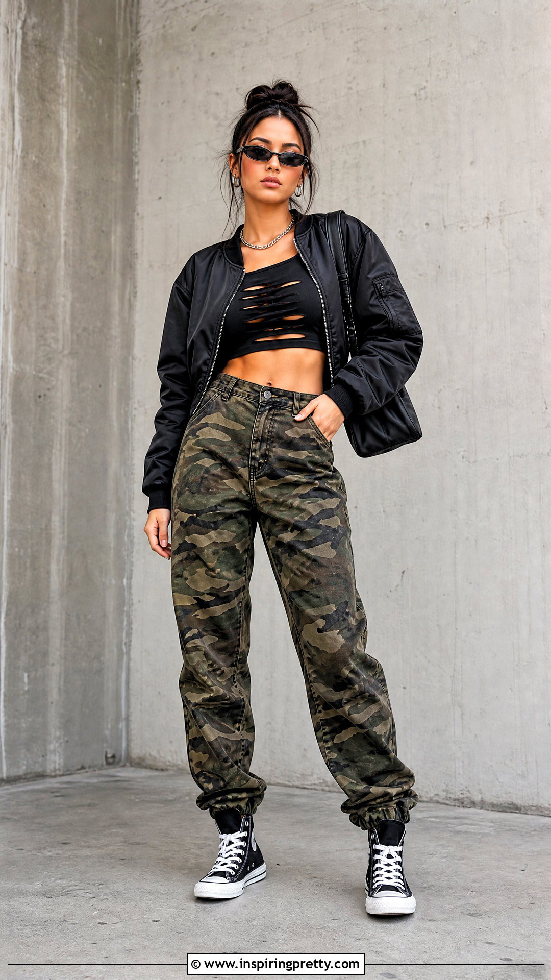 Black Ripped Crop Top With Camo Pants - 25 black ripped crop top outfit ideas