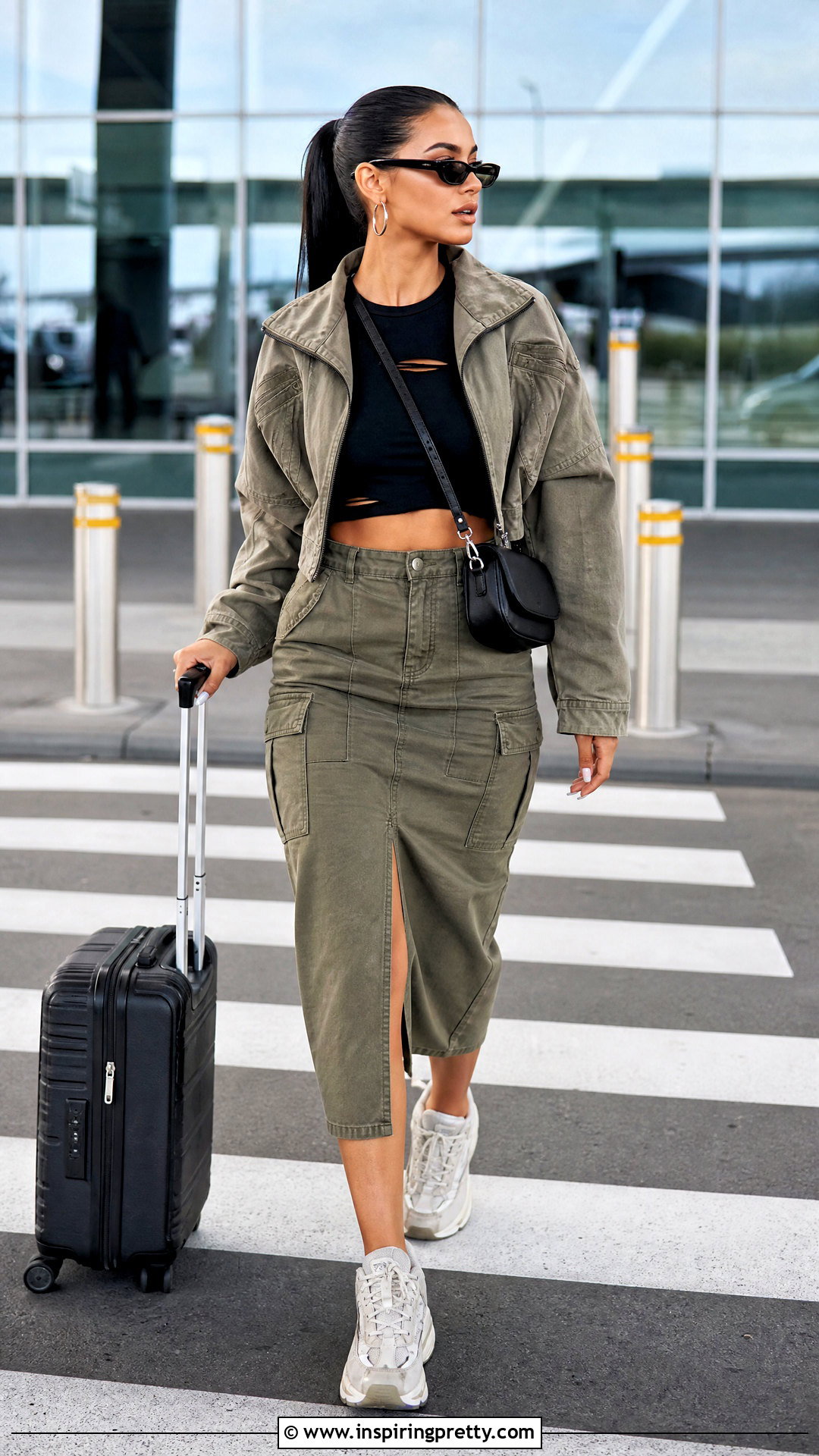 Black Ripped Crop Top With Cargo Midi Skirt - 25 black ripped crop top outfit ideas