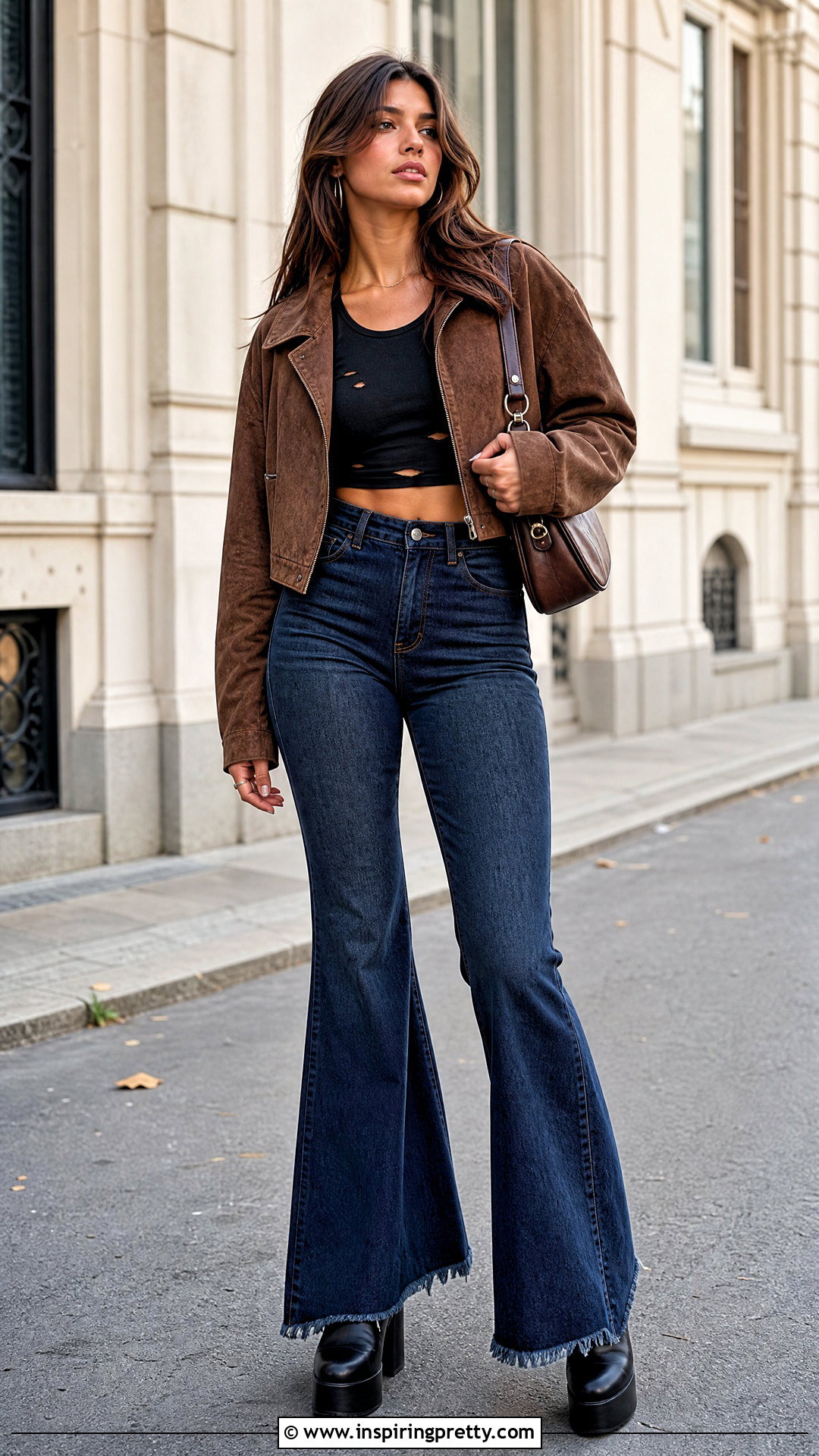 Black Ripped Crop Top With Flared Jeans - 25 black ripped crop top outfit ideas
