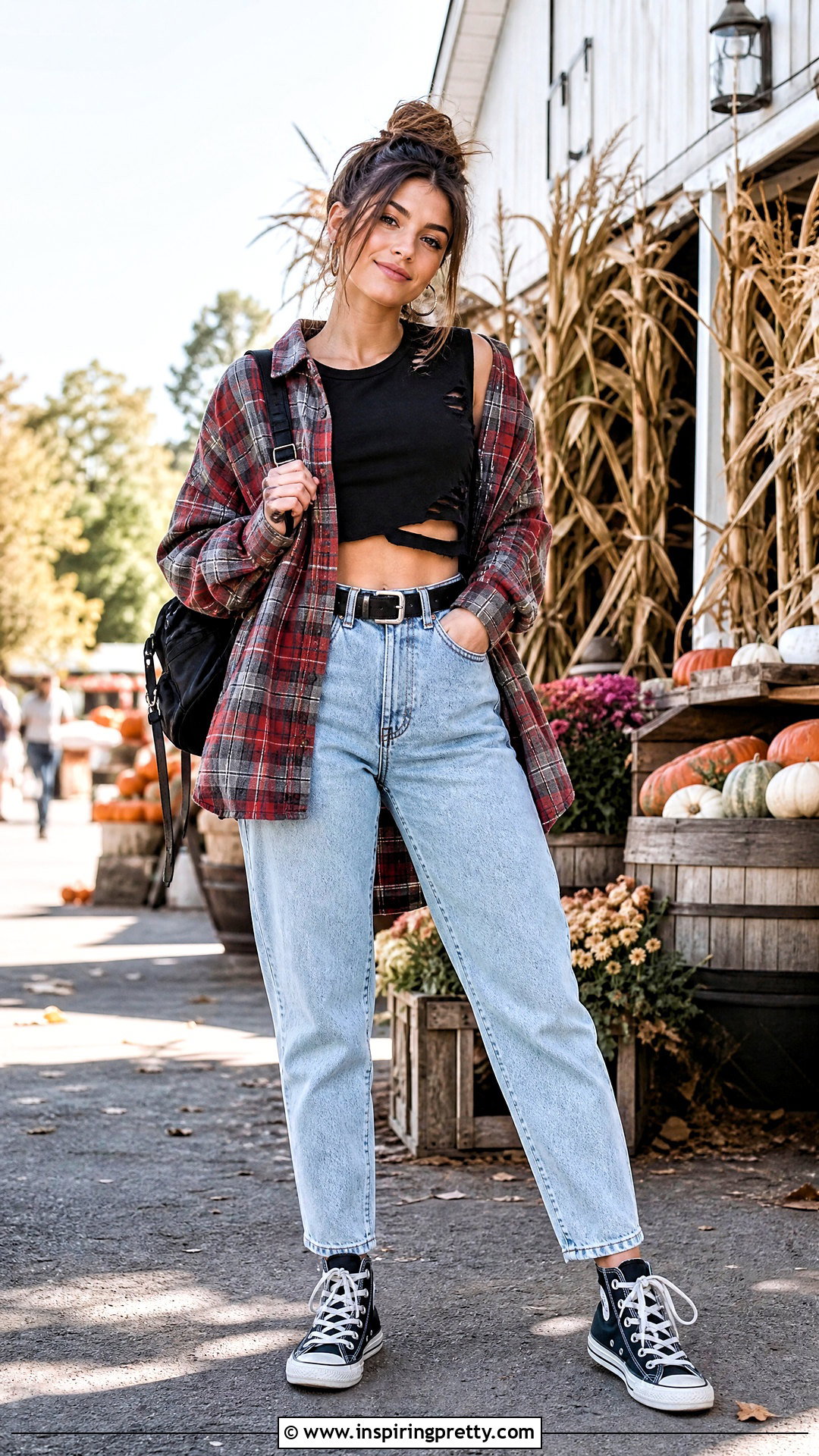 Black Ripped Crop Top With Mom Jeans And Flannel - 25 black ripped crop top outfit ideas