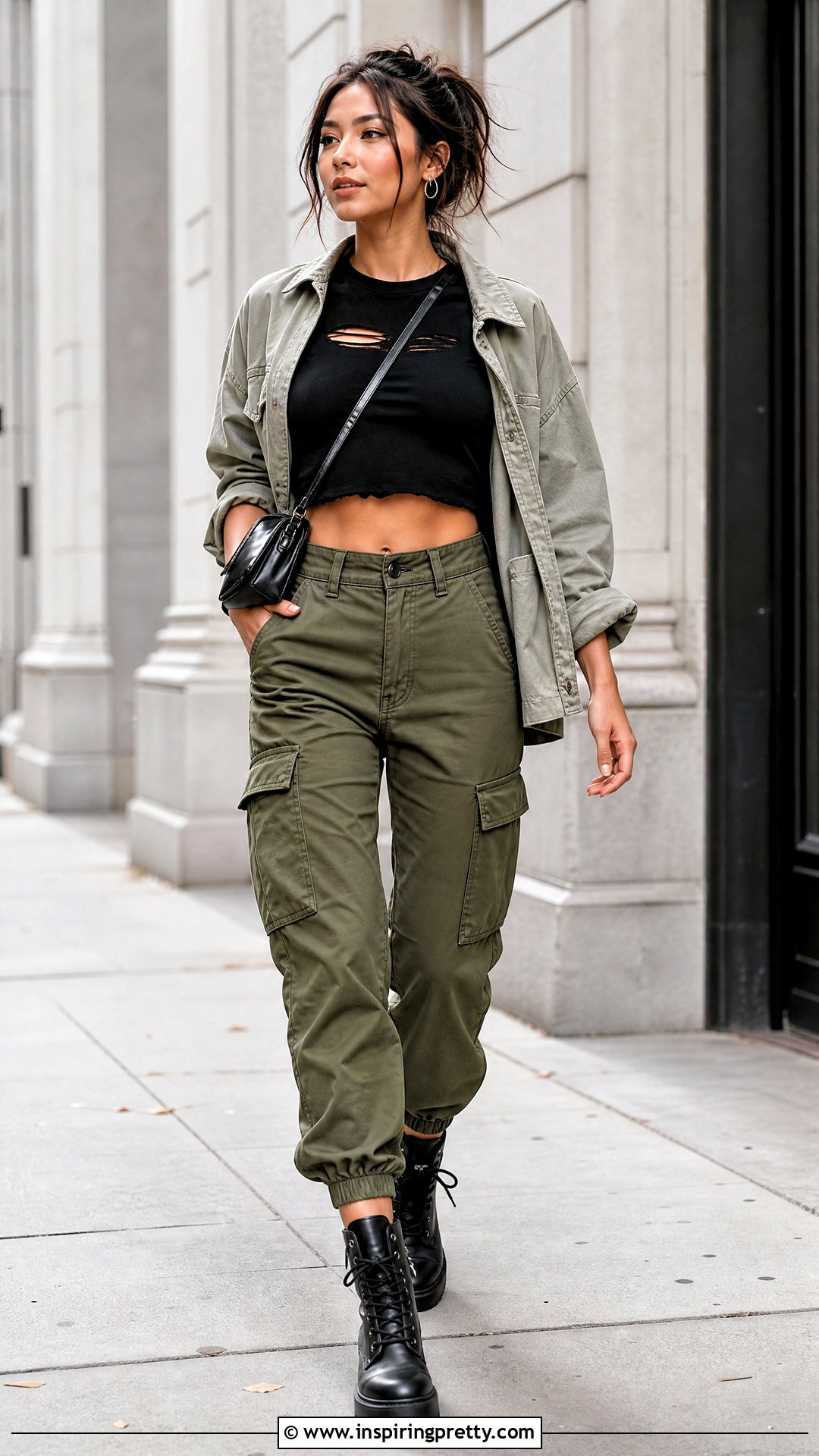 Black Ripped Crop Top With Olive Cargo Pants - 25 black ripped crop top outfit ideas