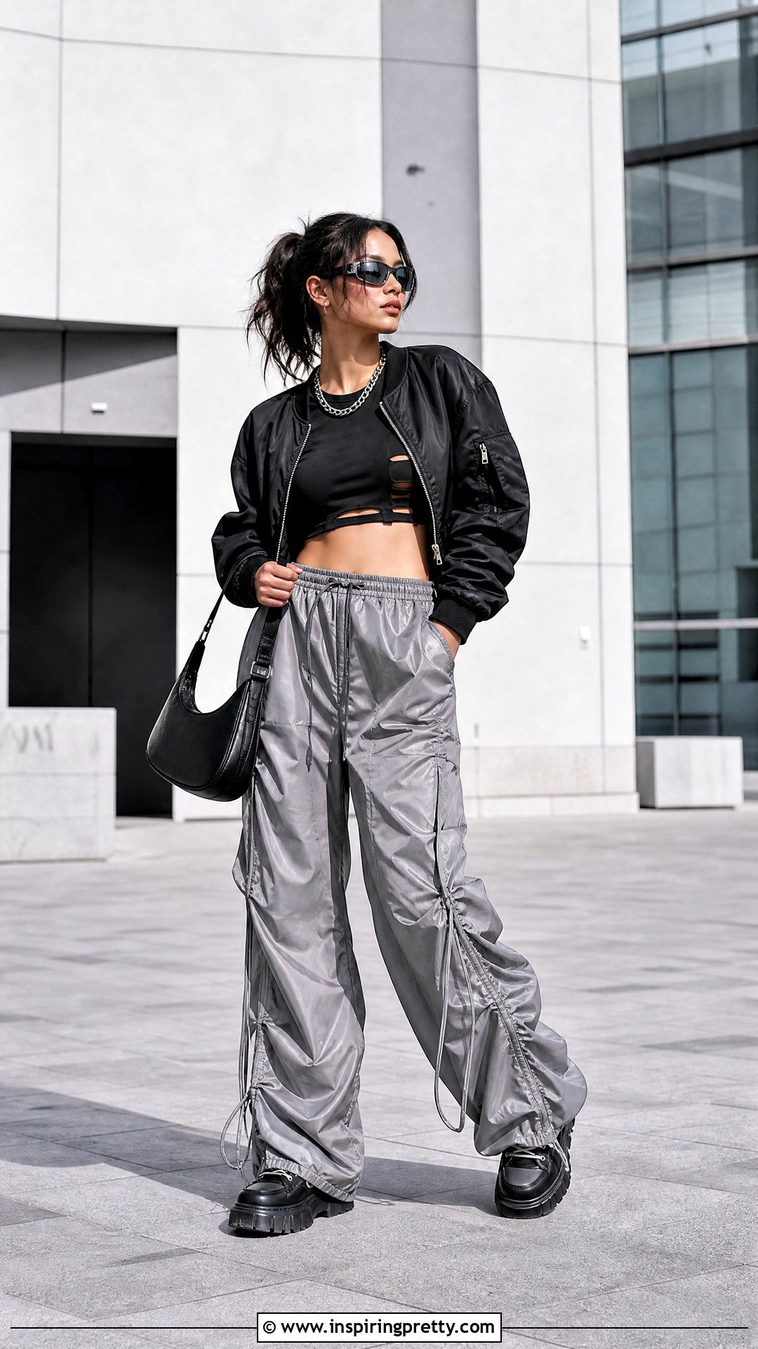 Black Ripped Crop Top With Parachute Pants - 25 black ripped crop top outfit ideas
