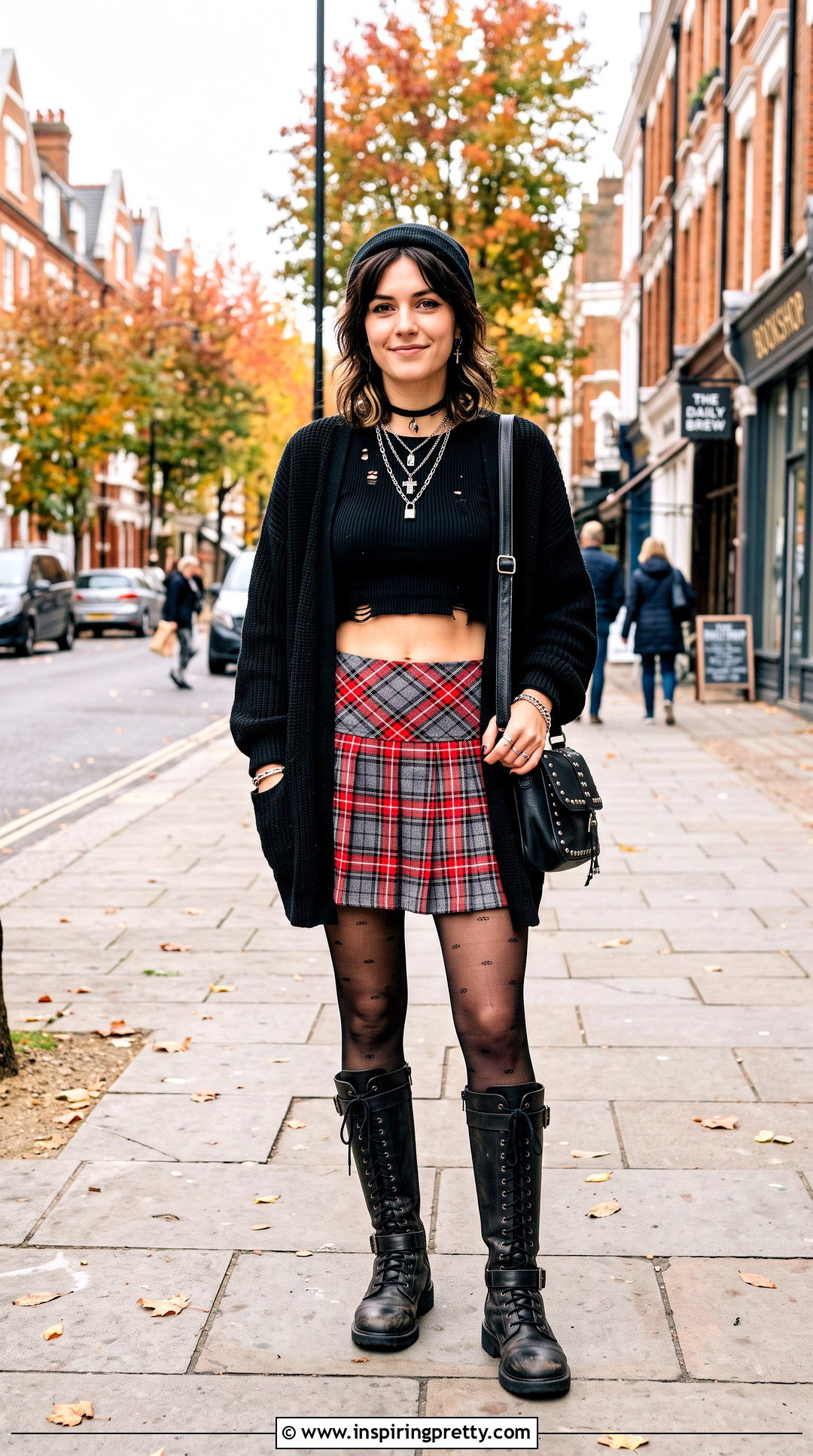 Black Ripped Crop Top With Plaid Mini Skirt - 25 black ripped crop top outfit ideas