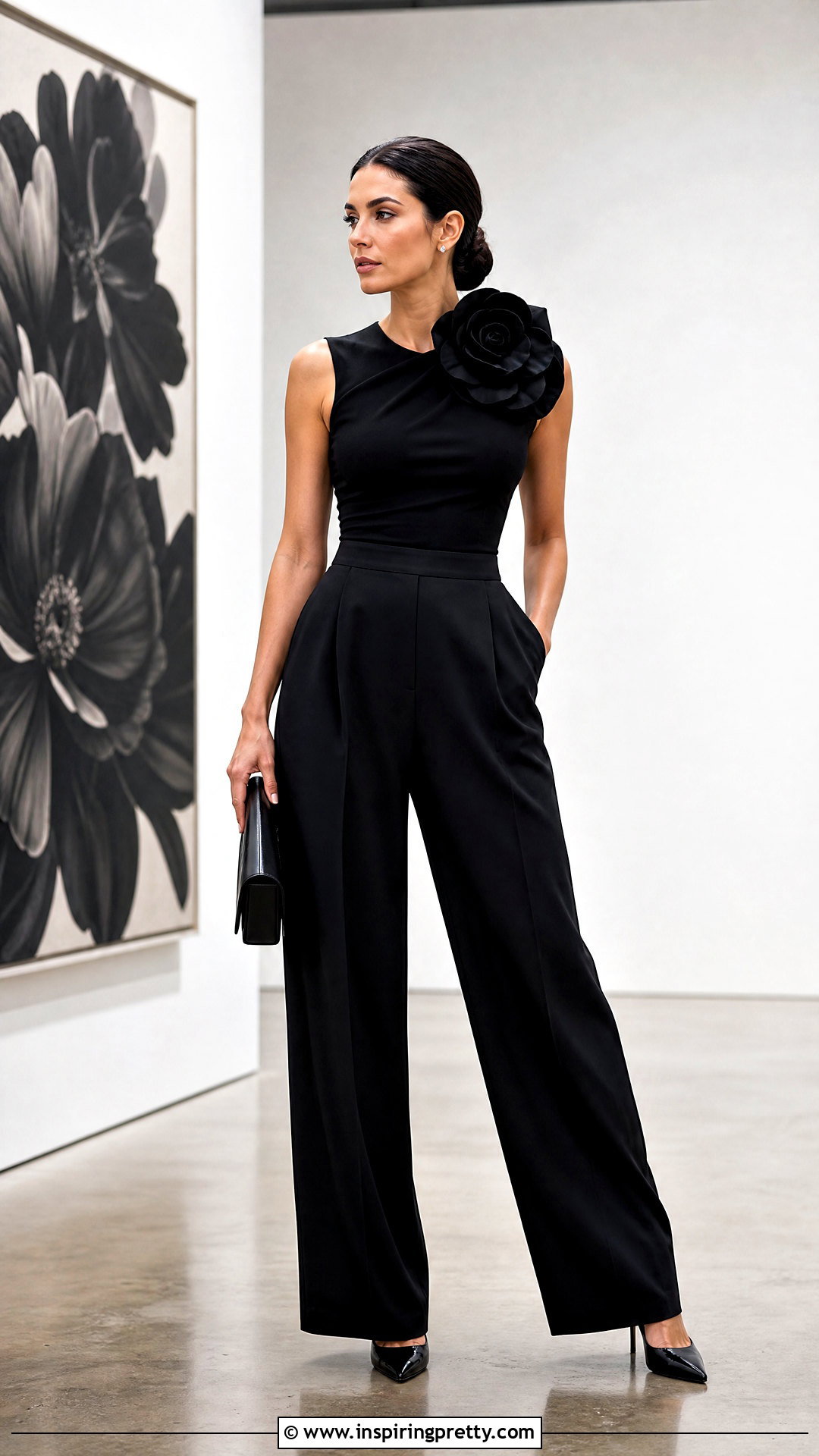 Black Rosette Top With Wide Leg Pants - 50 black going out tops outfit ideas
