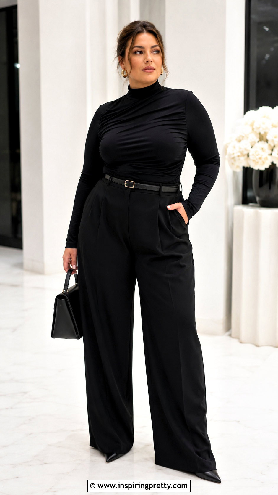 Black Ruched Mock Neck Top With Black Trousers - 25 ruched mock neck top outfit ideas