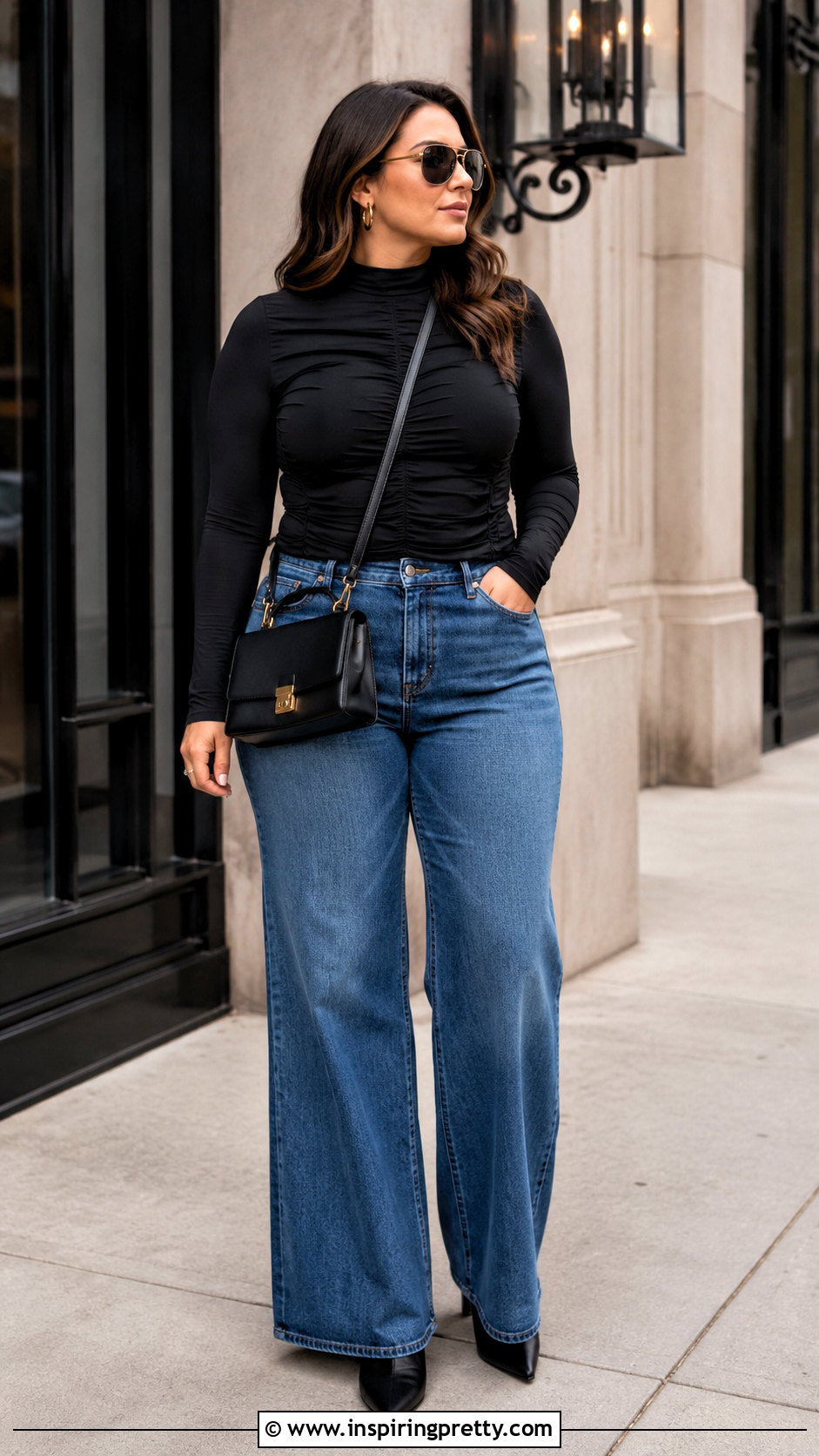 Black Ruched Mock Neck Top With Wide Leg Jeans - 25 ruched mock neck top outfit ideas