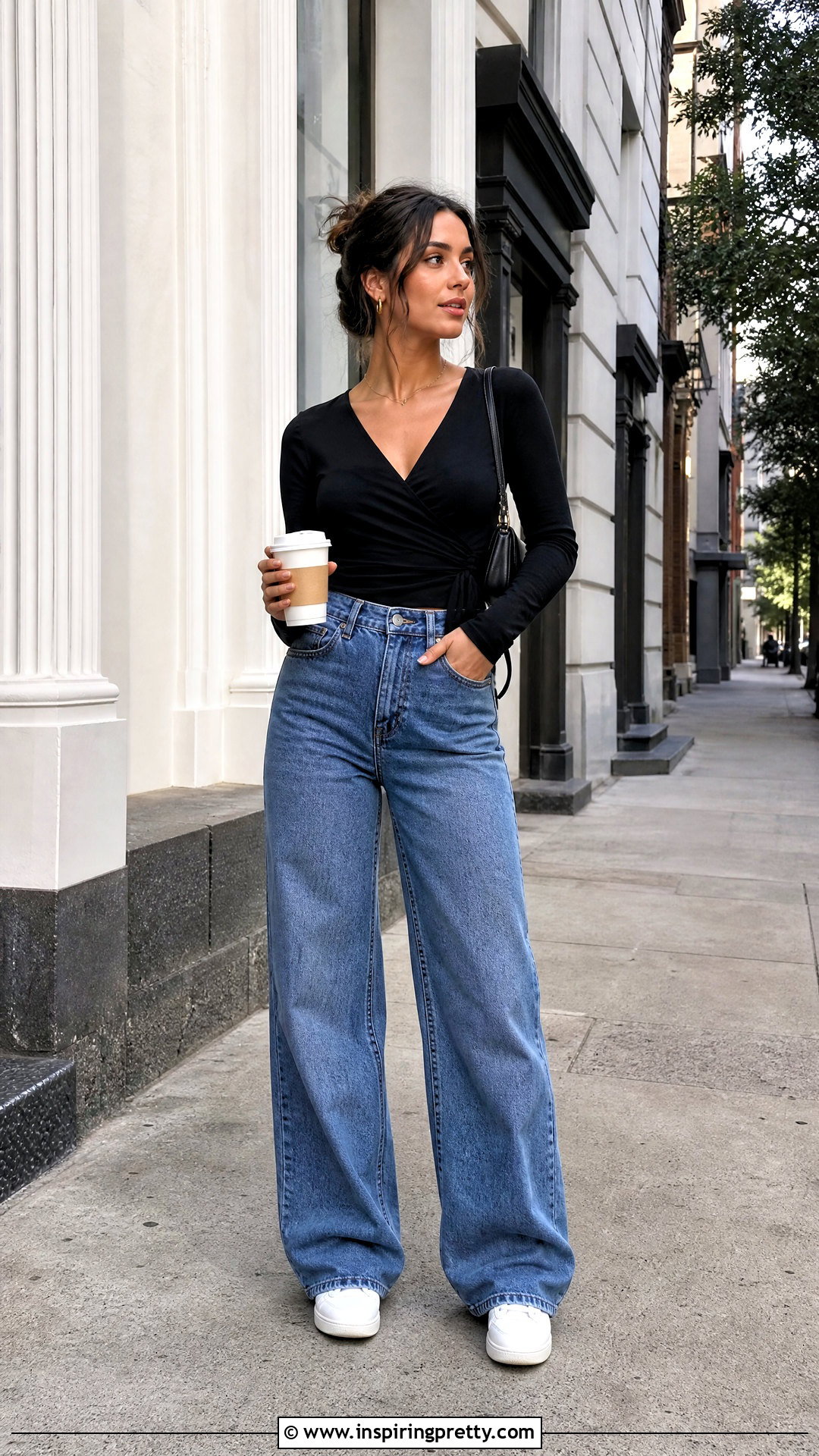 Black Ruched Wrap Top With Wide Leg Jeans - 25 ruched wrap top outfit ideas