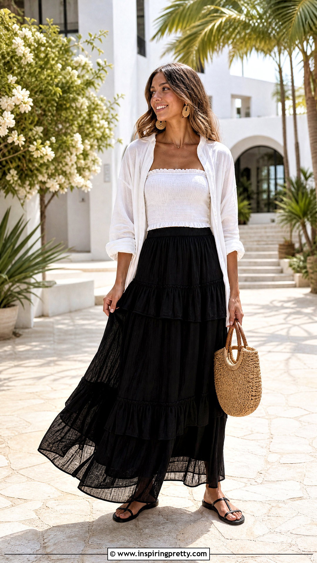Black Ruffle Maxi Skirt And White Smocked Top Outfit - 50 Black Skirt And White Top Outfit ideas